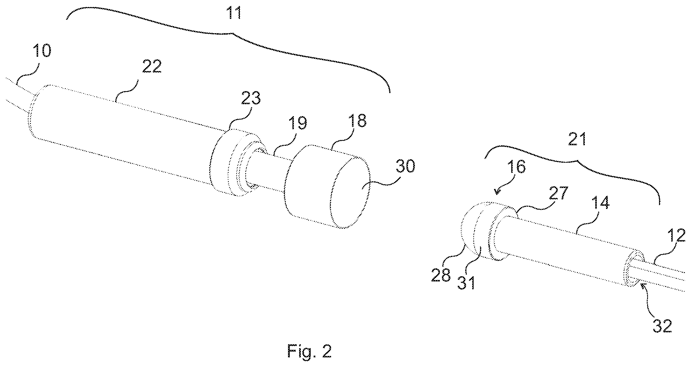 Patent US12339500 Figure 2 – Connector structure for connecting optical conduits, crimping device and push-out device therefor, and light blocking element for a connector part