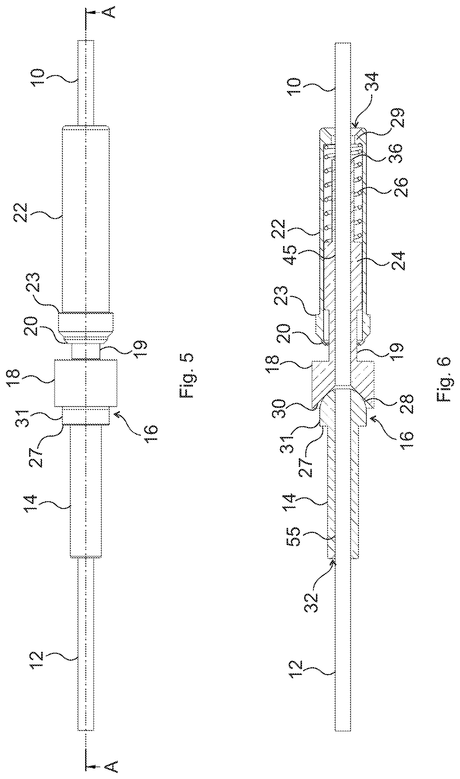 Patent US12339500 Figure 5 – Connector structure for connecting optical conduits, crimping device and push-out device therefor, and light blocking element for a connector part