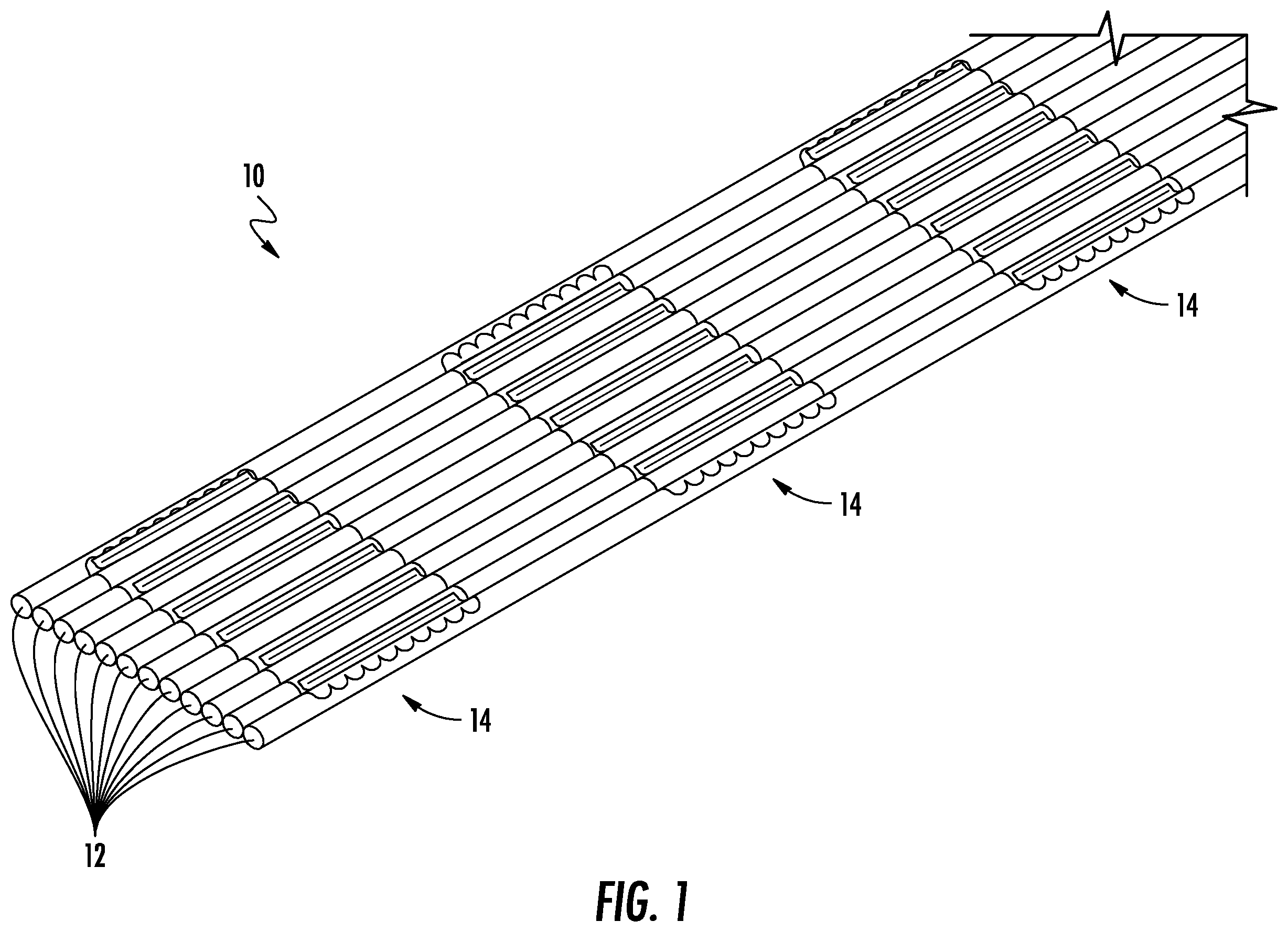 Patent US12339512 Figure 1 – Intermittently bonded ribbon having bonding regions with multiple materials