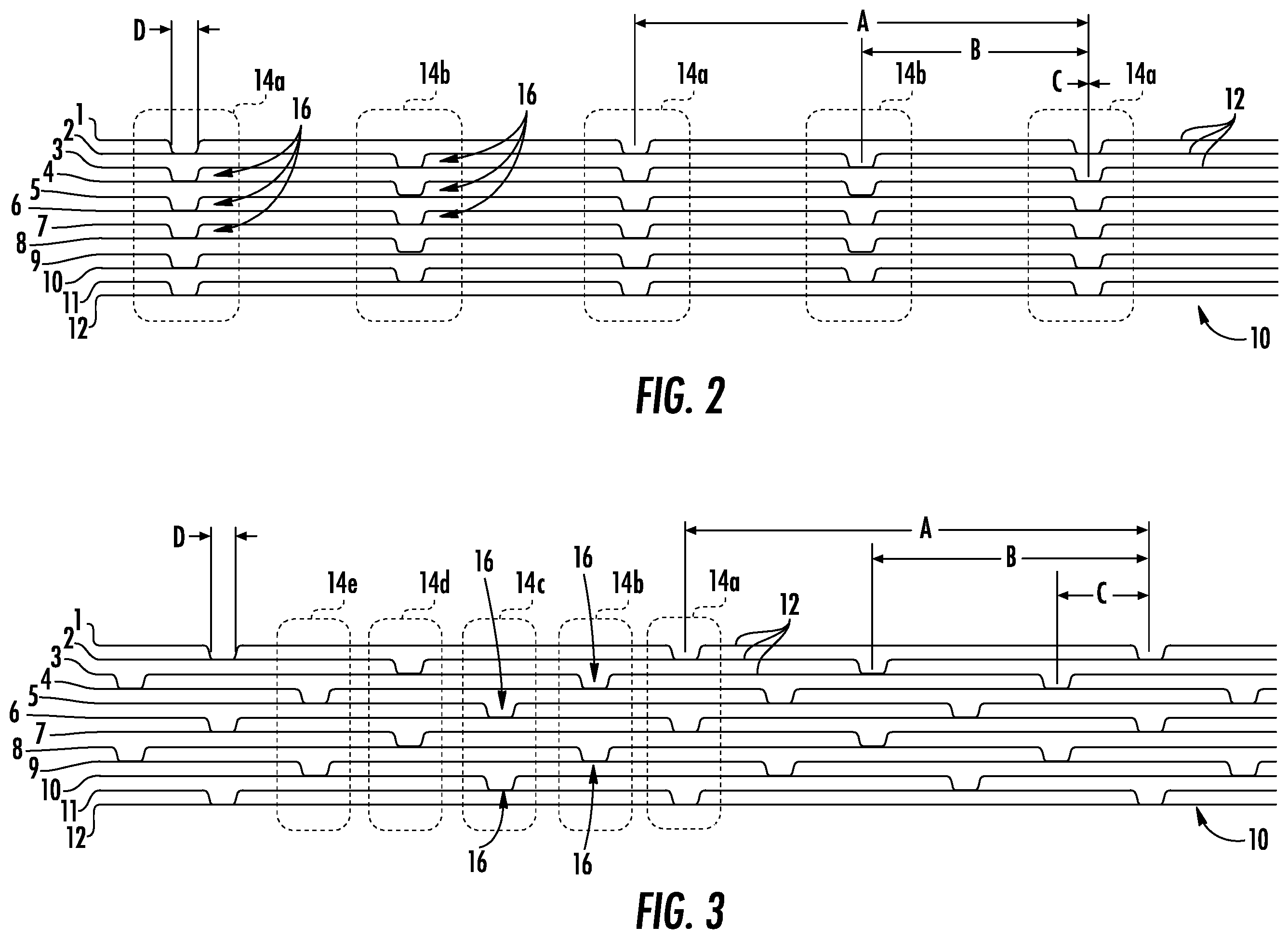 Patent US12339512 Figure 2 – Intermittently bonded ribbon having bonding regions with multiple materials