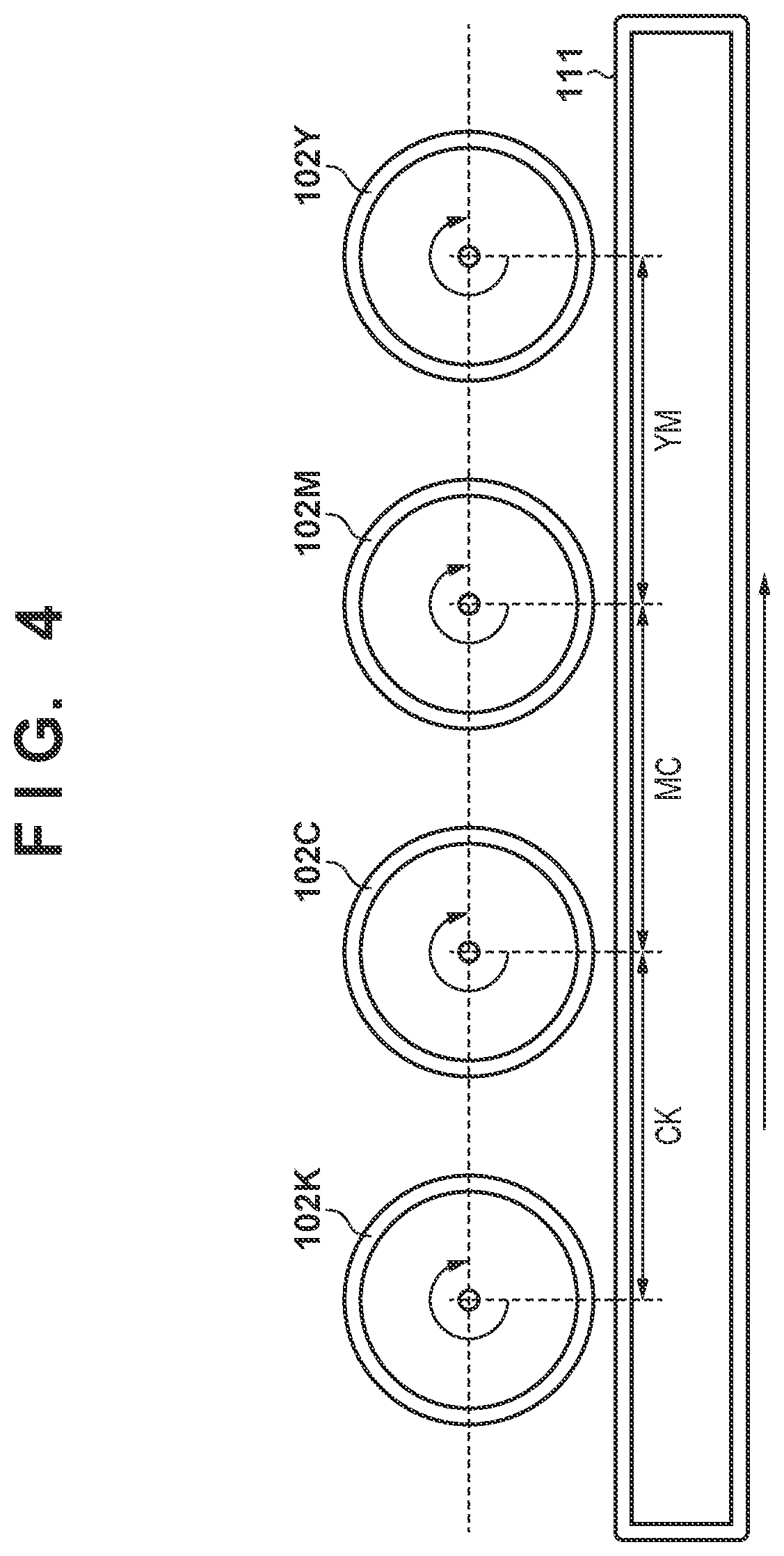 Patent US12339606 Figure 4 – Image forming apparatus including plurality of photoreceptors and controlling a light emission timing in a rotating direction of a corresponding photoreceptor