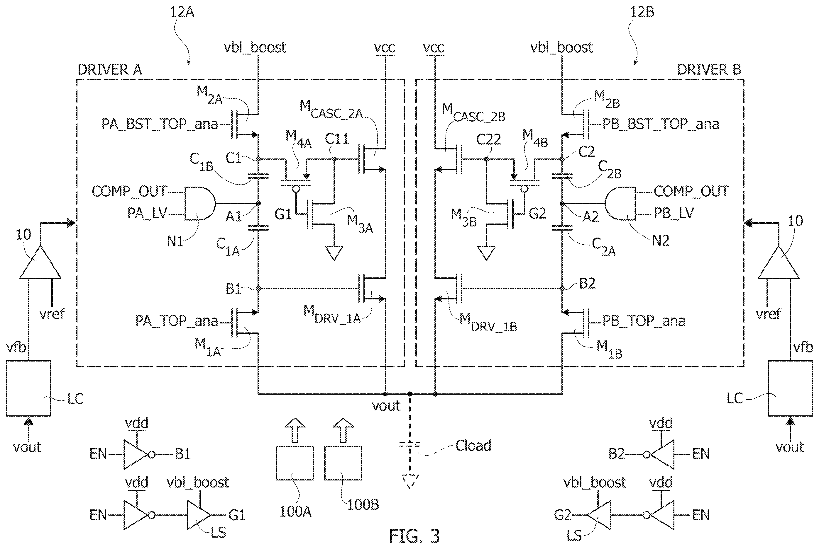 Patent US12339691 Figure 2 – Low drop-out regulator circuit, corresponding device and method