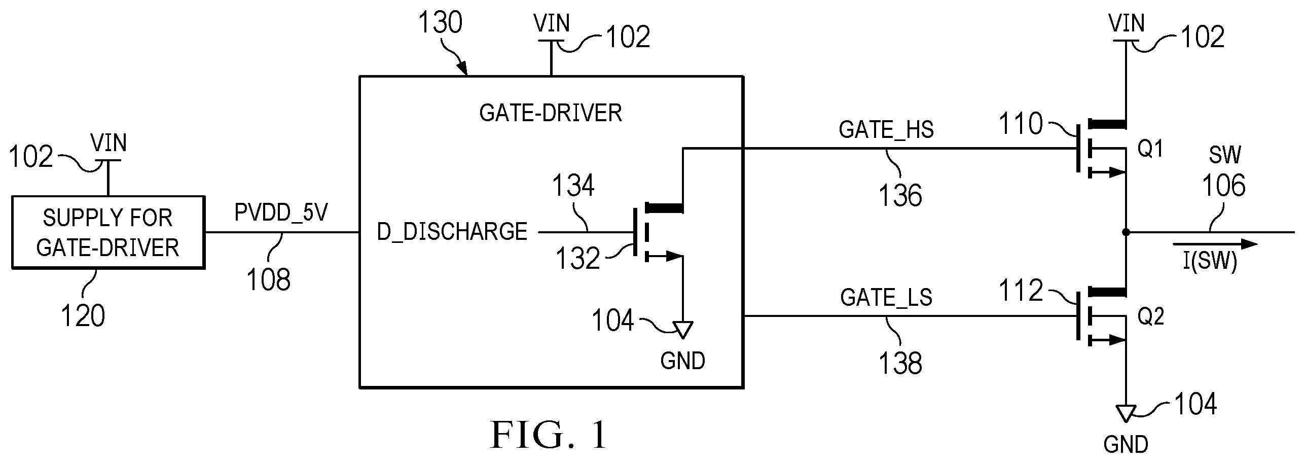 Patent US12339693 Figure 1 – Circuit and system for actively discharging a power stage input node during power supply turn-on