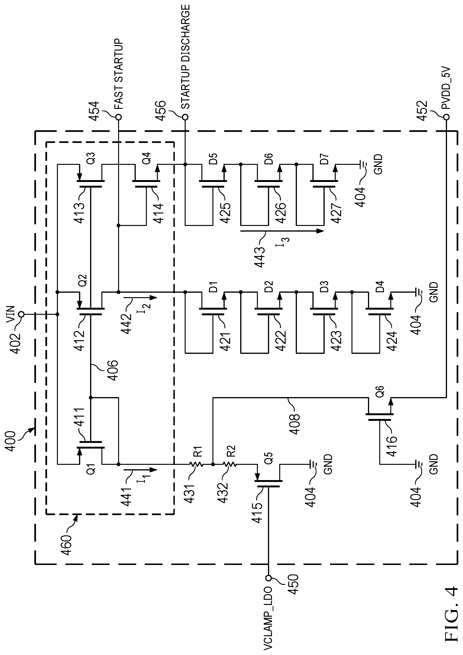 Patent US12339693 Figure 4 – Circuit and system for actively discharging a power stage input node during power supply turn-on