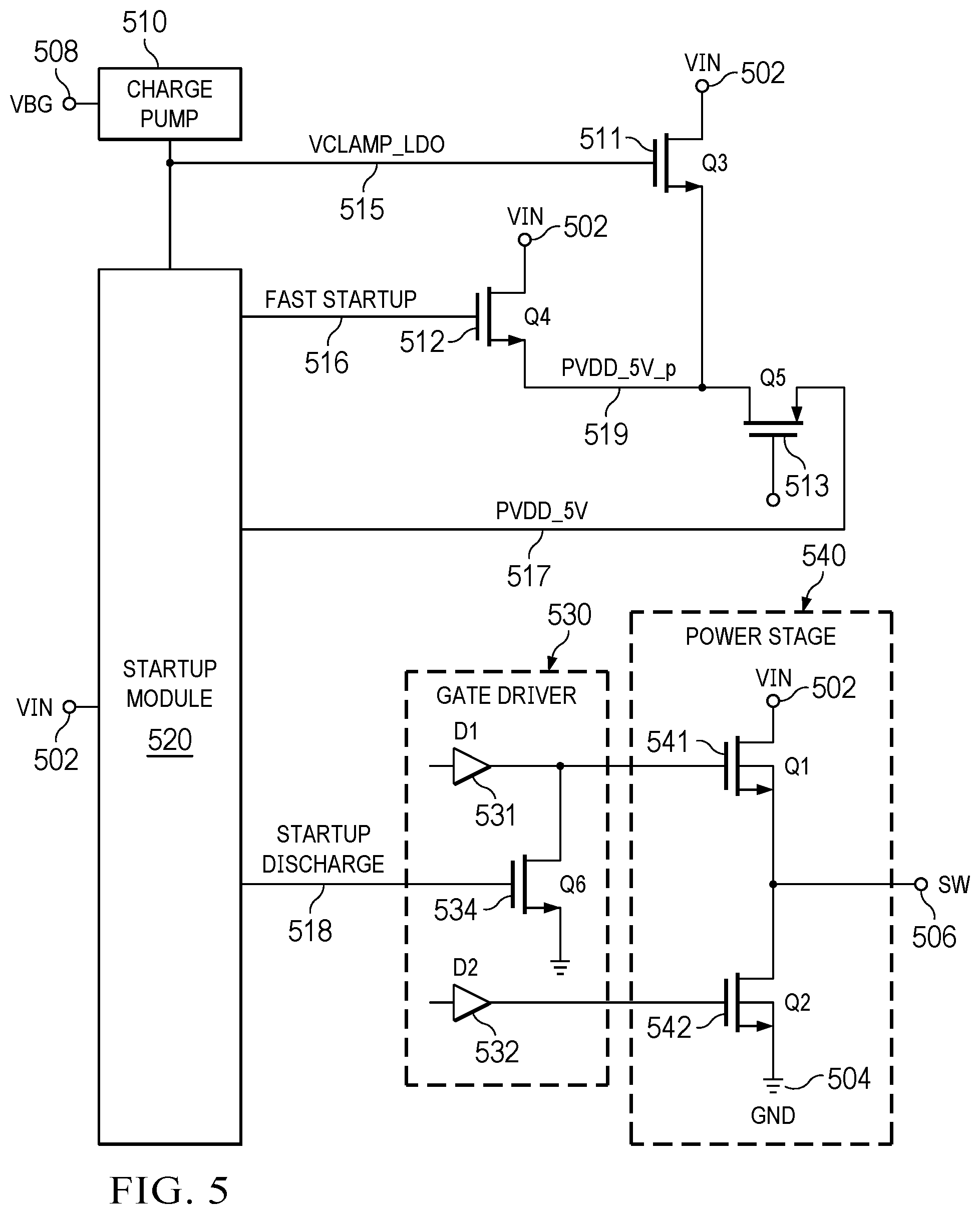Patent US12339693 Figure 5 – Circuit and system for actively discharging a power stage input node during power supply turn-on