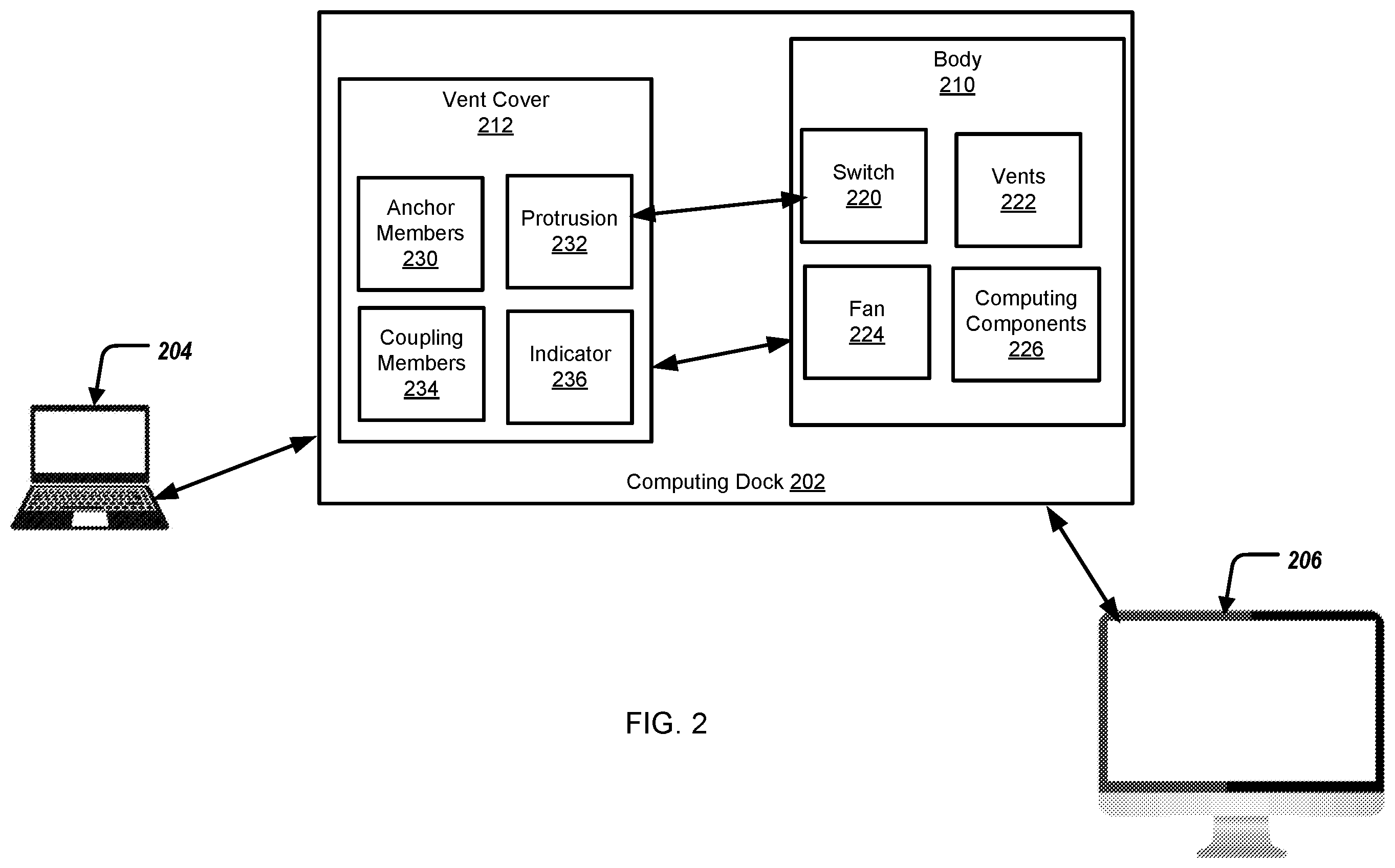 Patent US12339715 Figure 2 – Computing dock with articulating vent cover