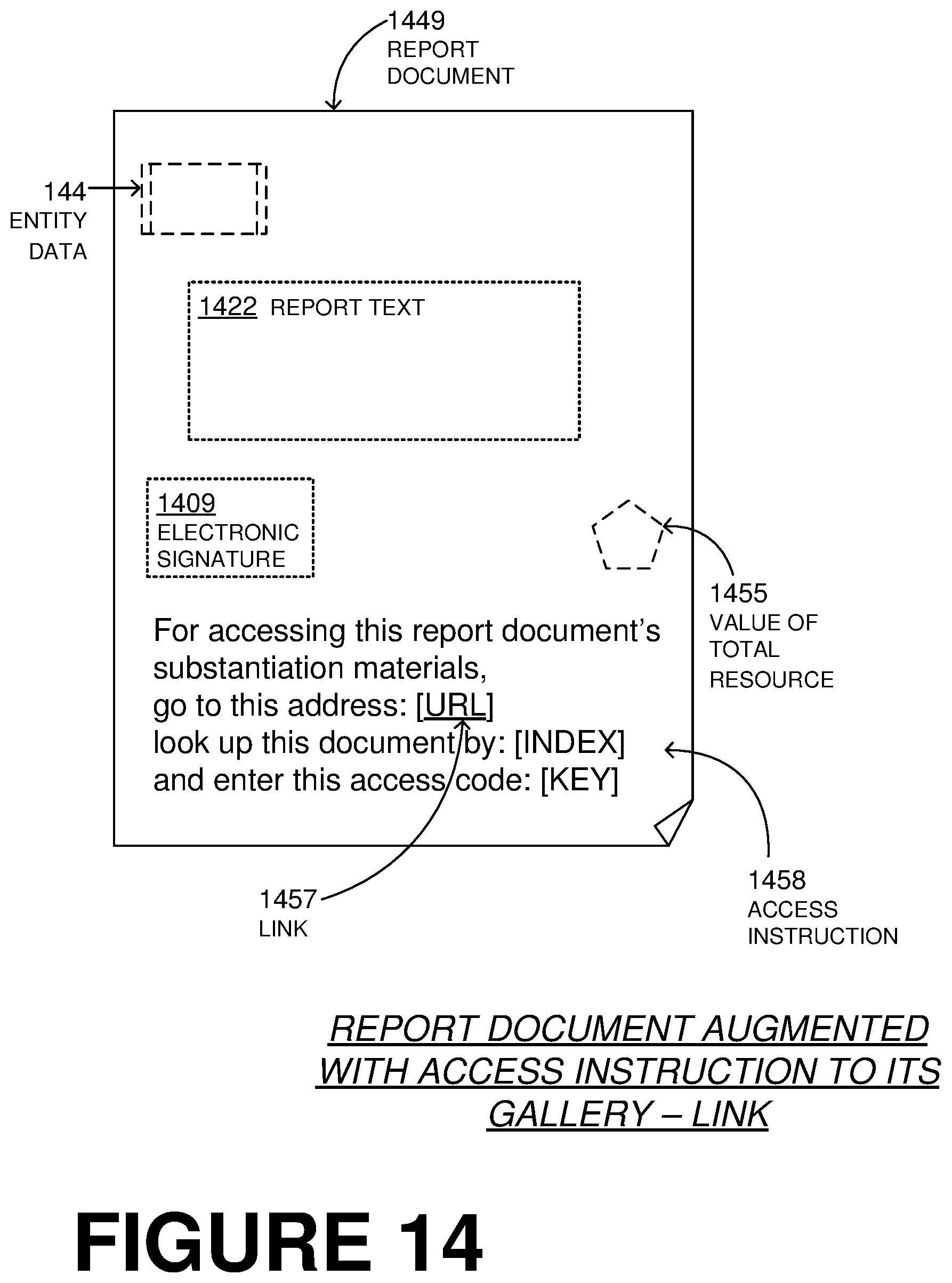 Patent US12339911 Figure 13 – Online software platform (OSP) deriving resources, producing report document about them, and creating gallery with data substantiating the report document for viewing by third party