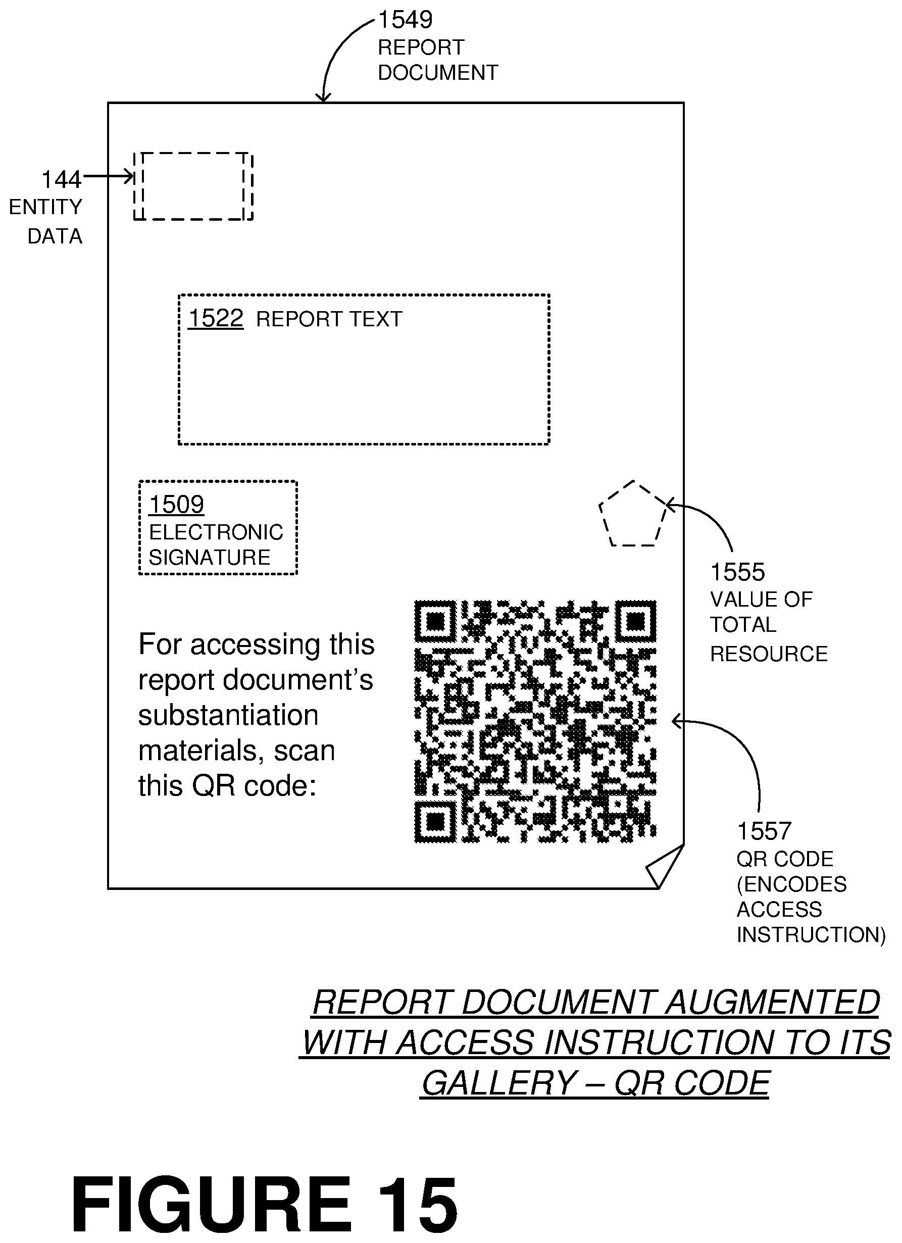 Patent US12339911 Figure 14 – Online software platform (OSP) deriving resources, producing report document about them, and creating gallery with data substantiating the report document for viewing by third party