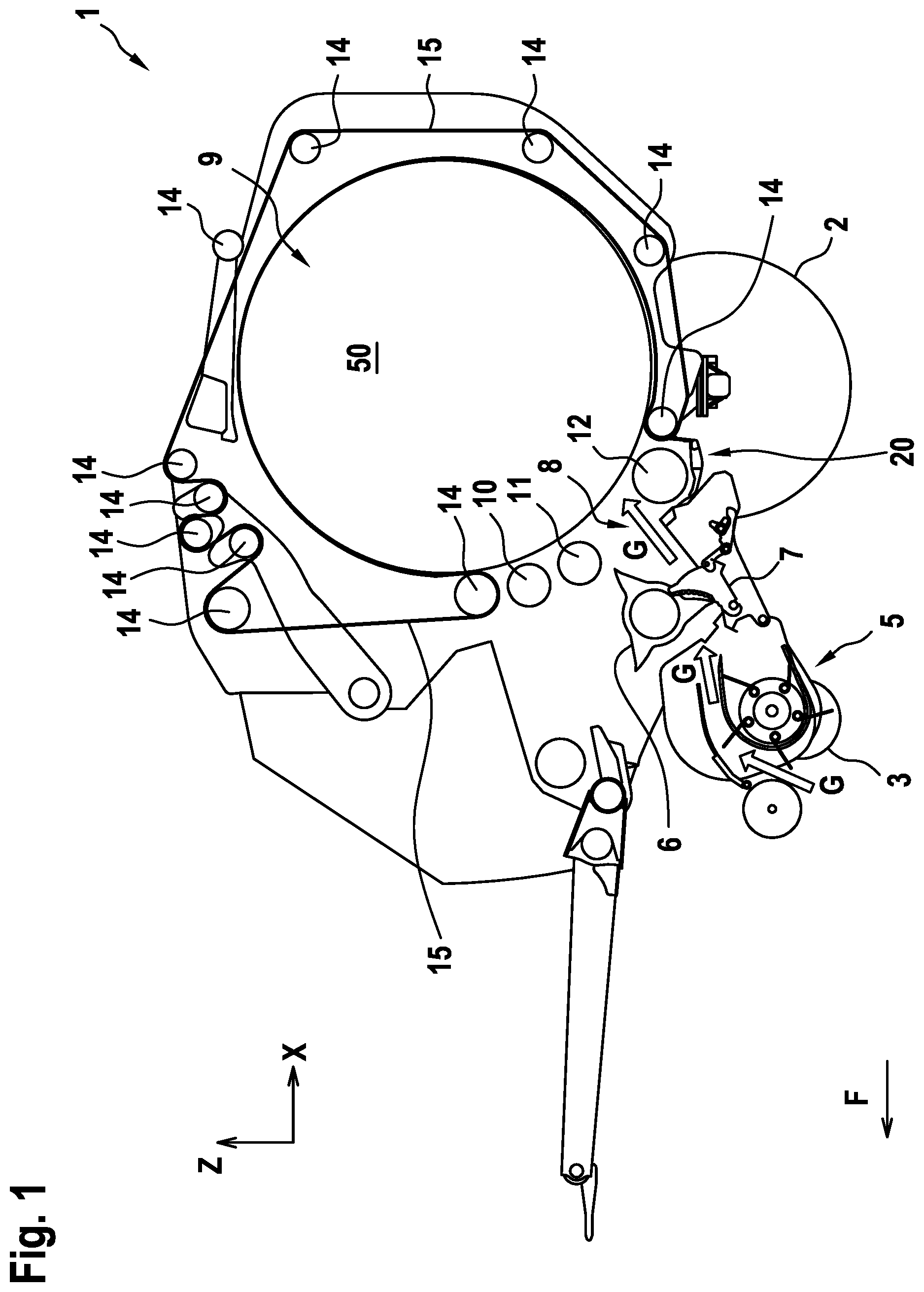 Patent US12342762 Figure 1 – Round baler with starter roll and elastically deflectable deflector element