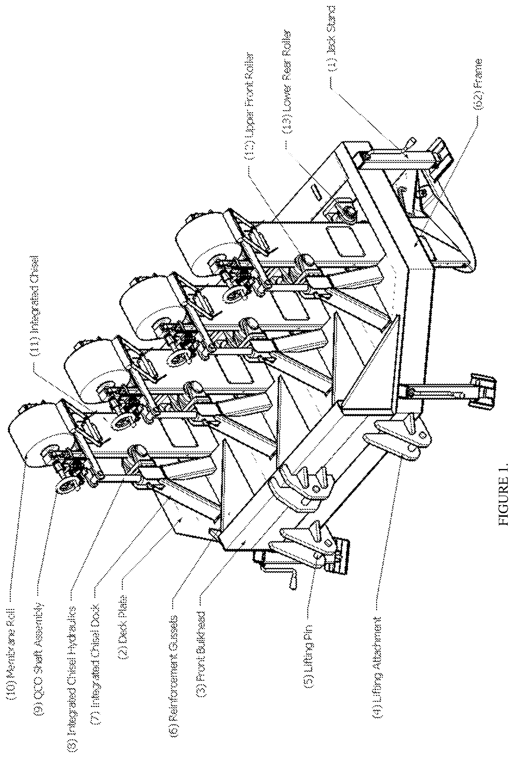 Patent US12342763 Figure 1 – Modular ultra low drag sub-surface membrane installation apparatus, machine, and methods with various automated and semi-automated sub-systems including sub-surface drip tape installation