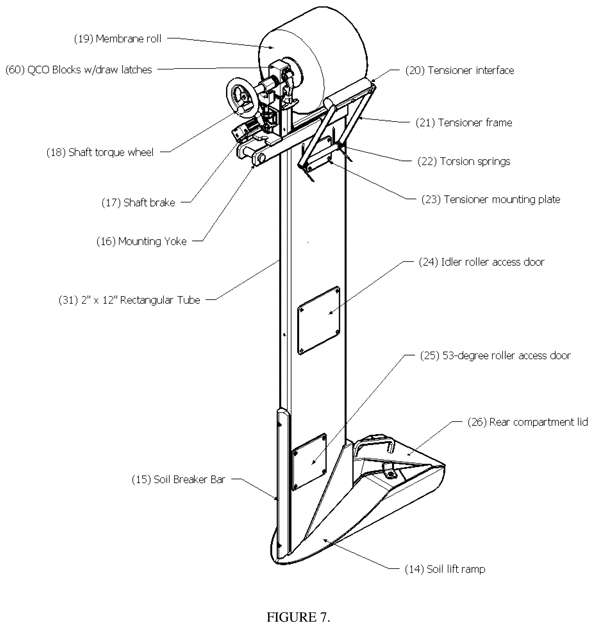 Patent US12342763 Figure 5 – Modular ultra low drag sub-surface membrane installation apparatus, machine, and methods with various automated and semi-automated sub-systems including sub-surface drip tape installation