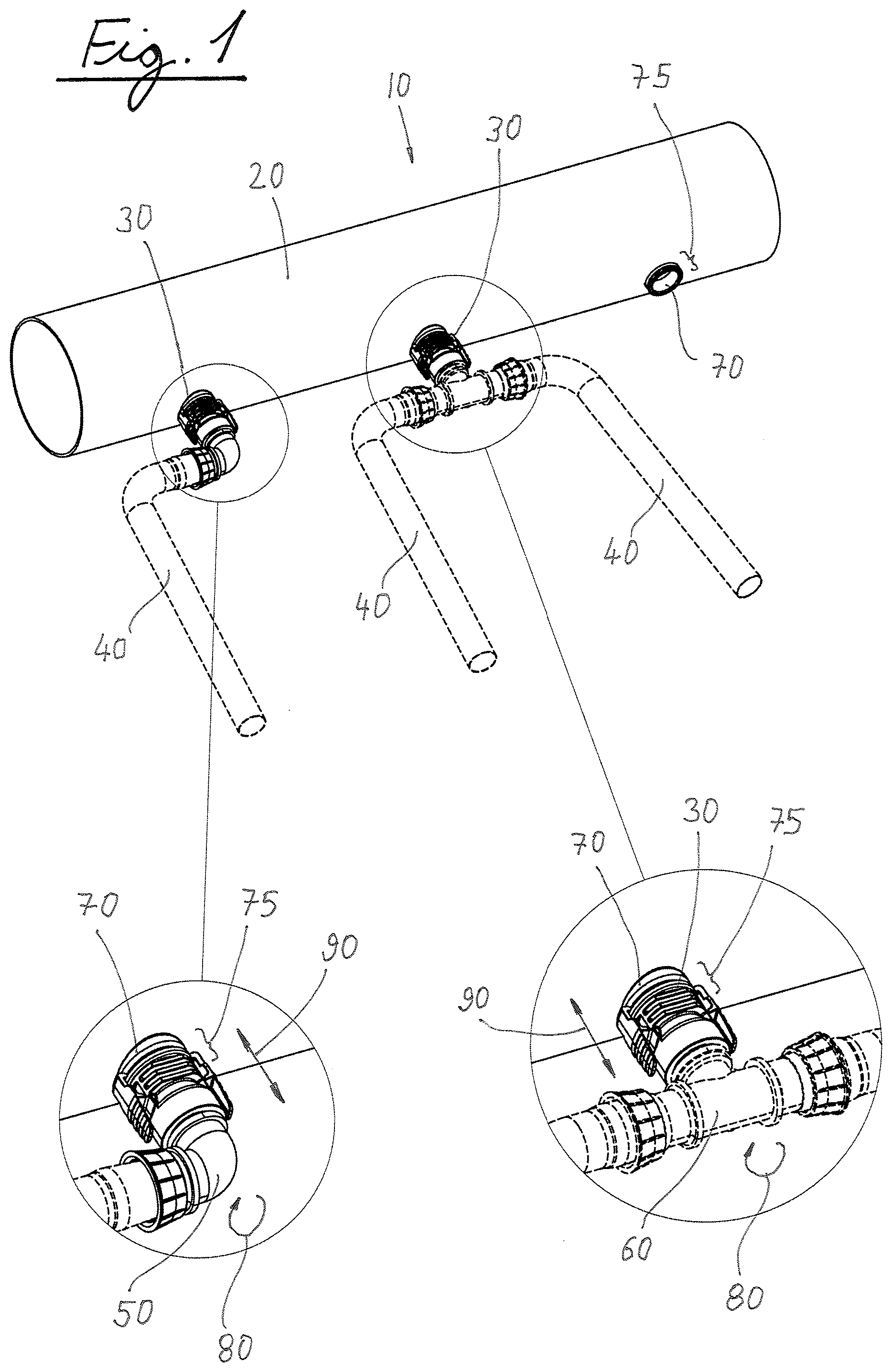 Patent US12342765 Figure 1 – Drip irrigation lateral connector to feeder pipe