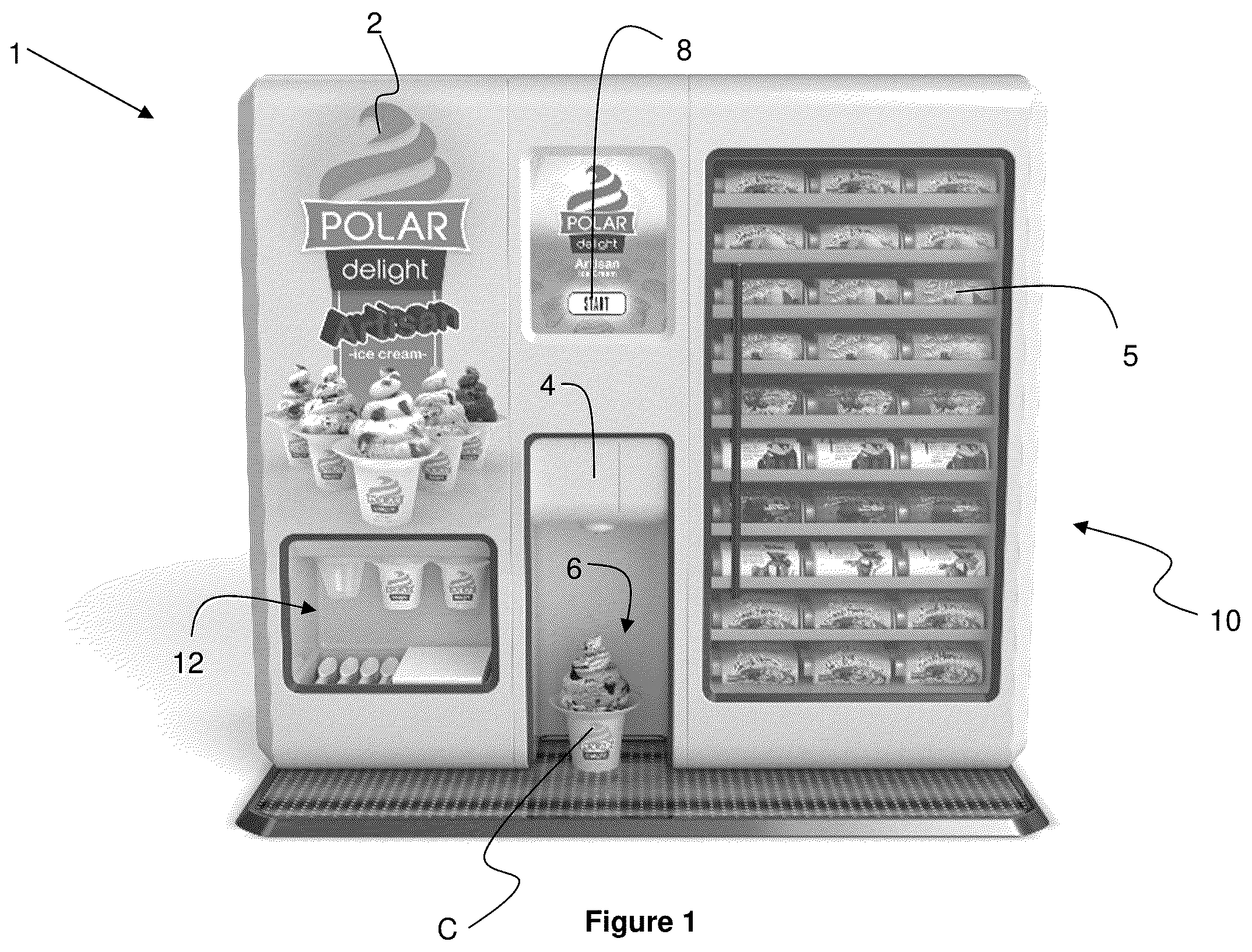 Patent US12342835 Figure 1 – Frozen dessert dispensing machine and cartridge
