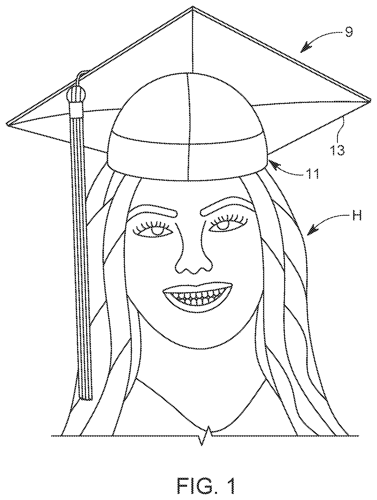 Patent US12342892 Figure 1 – Adhesive clip for attaching headband to graduation cap