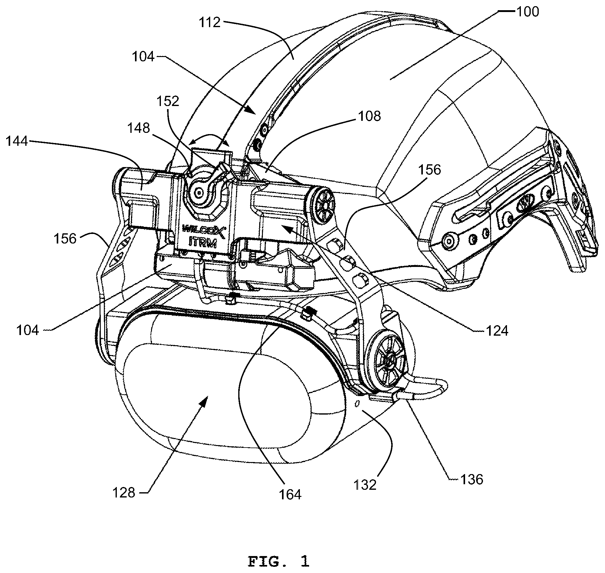 Patent US12342894 Figure 1 – Reclining helmet mount apparatus