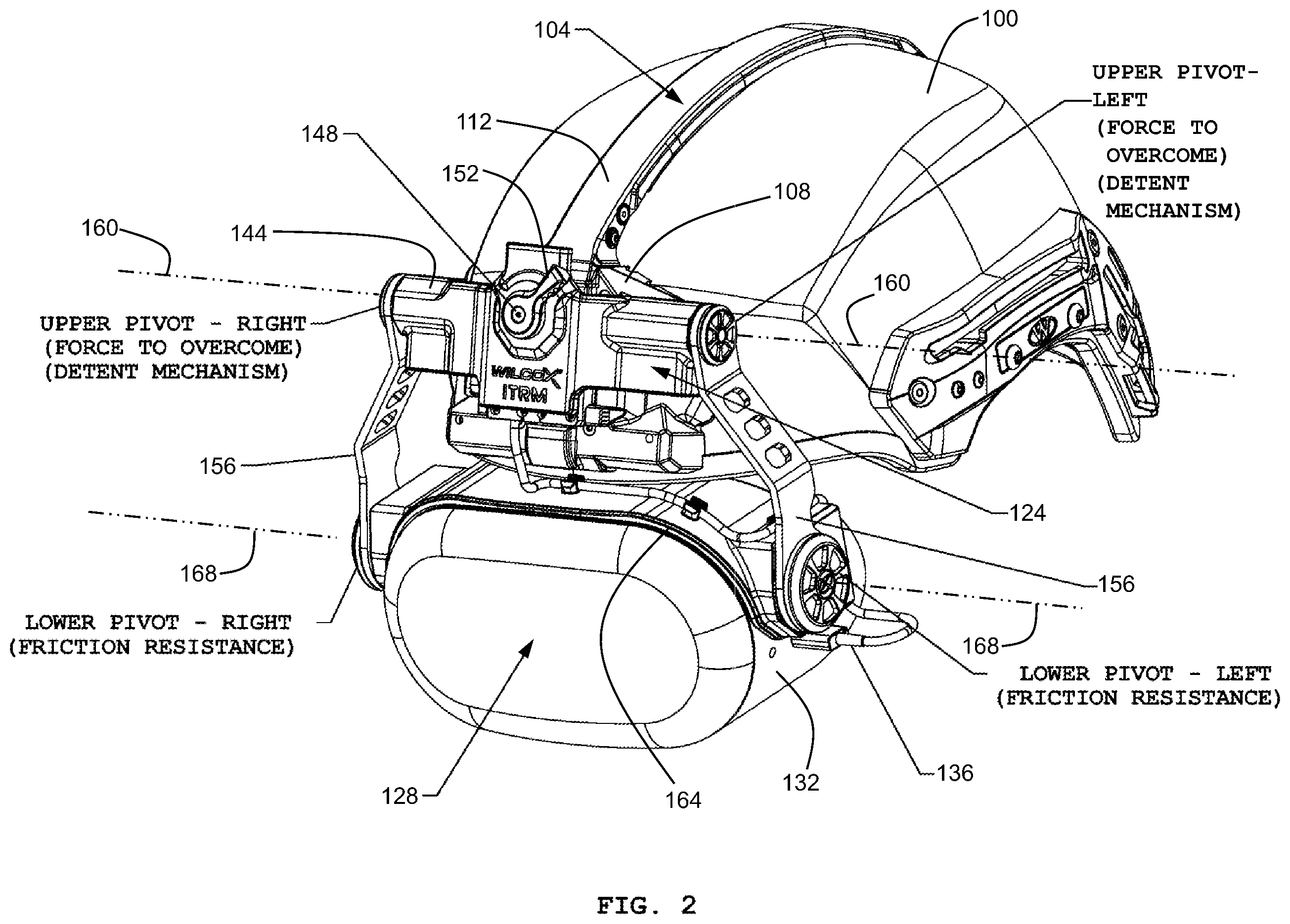 Patent US12342894 Figure 2 – Reclining helmet mount apparatus