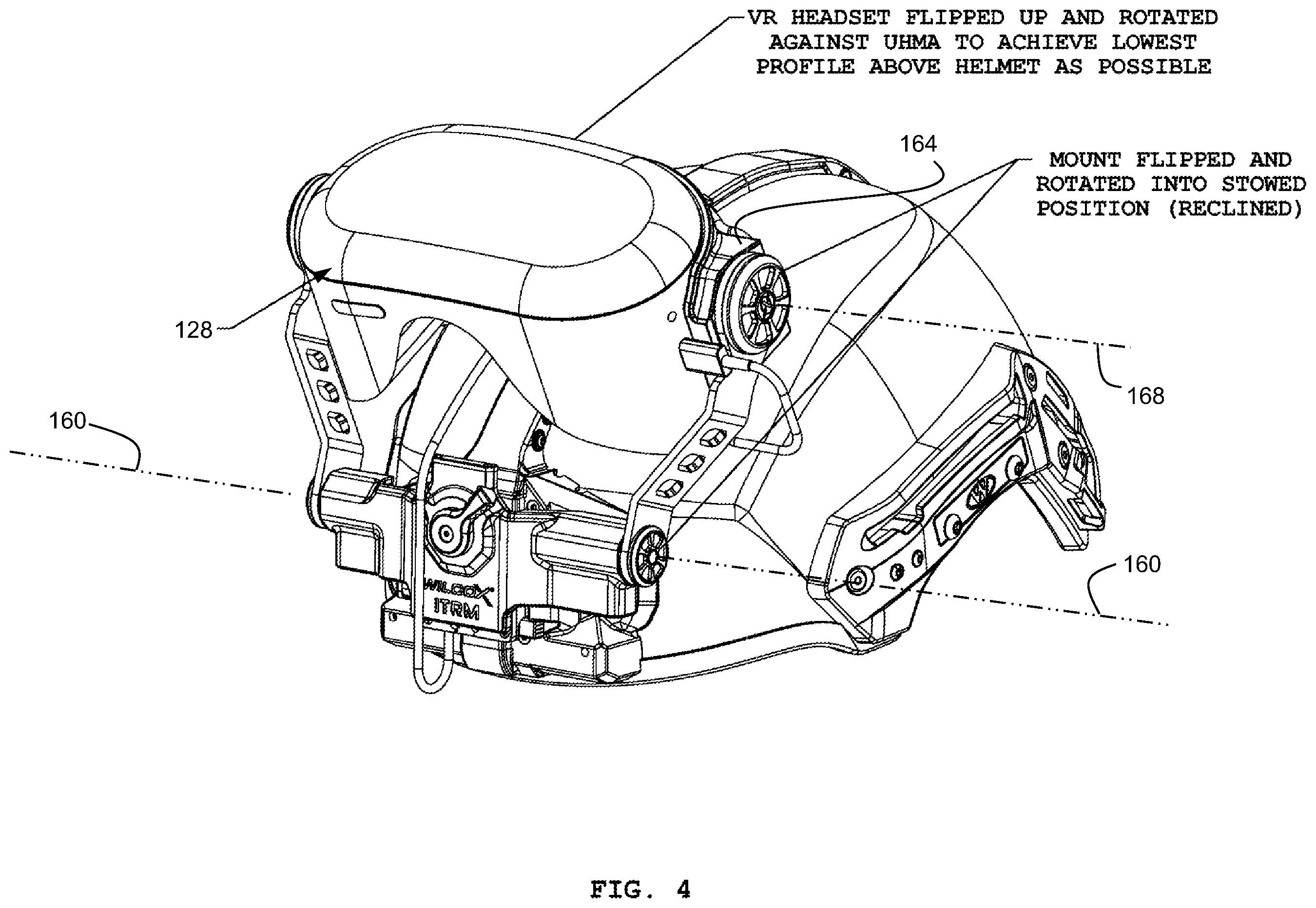 Patent US12342894 Figure 4 – Reclining helmet mount apparatus