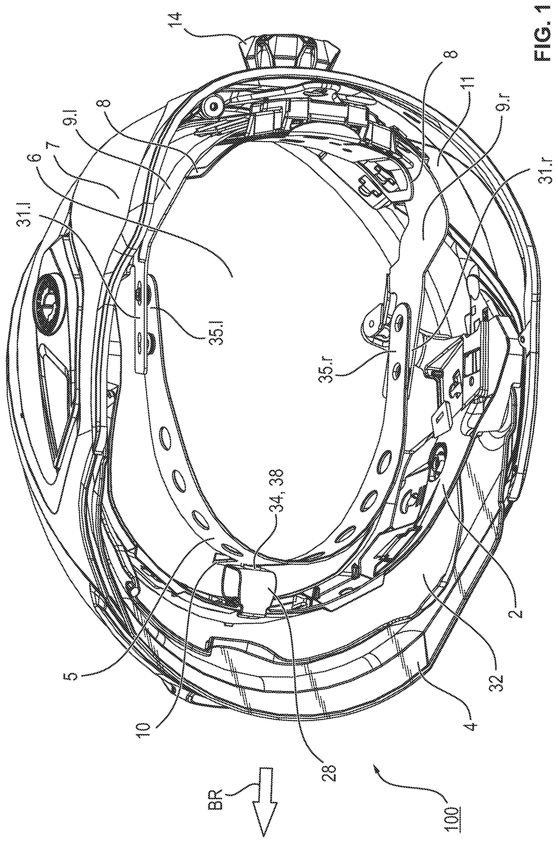 Patent US12342898 Figure 1 – Safety helmet with a sheathed bearing element, process for removing the sheathing from the safety helmet and process for manufacturing such a safety helmet