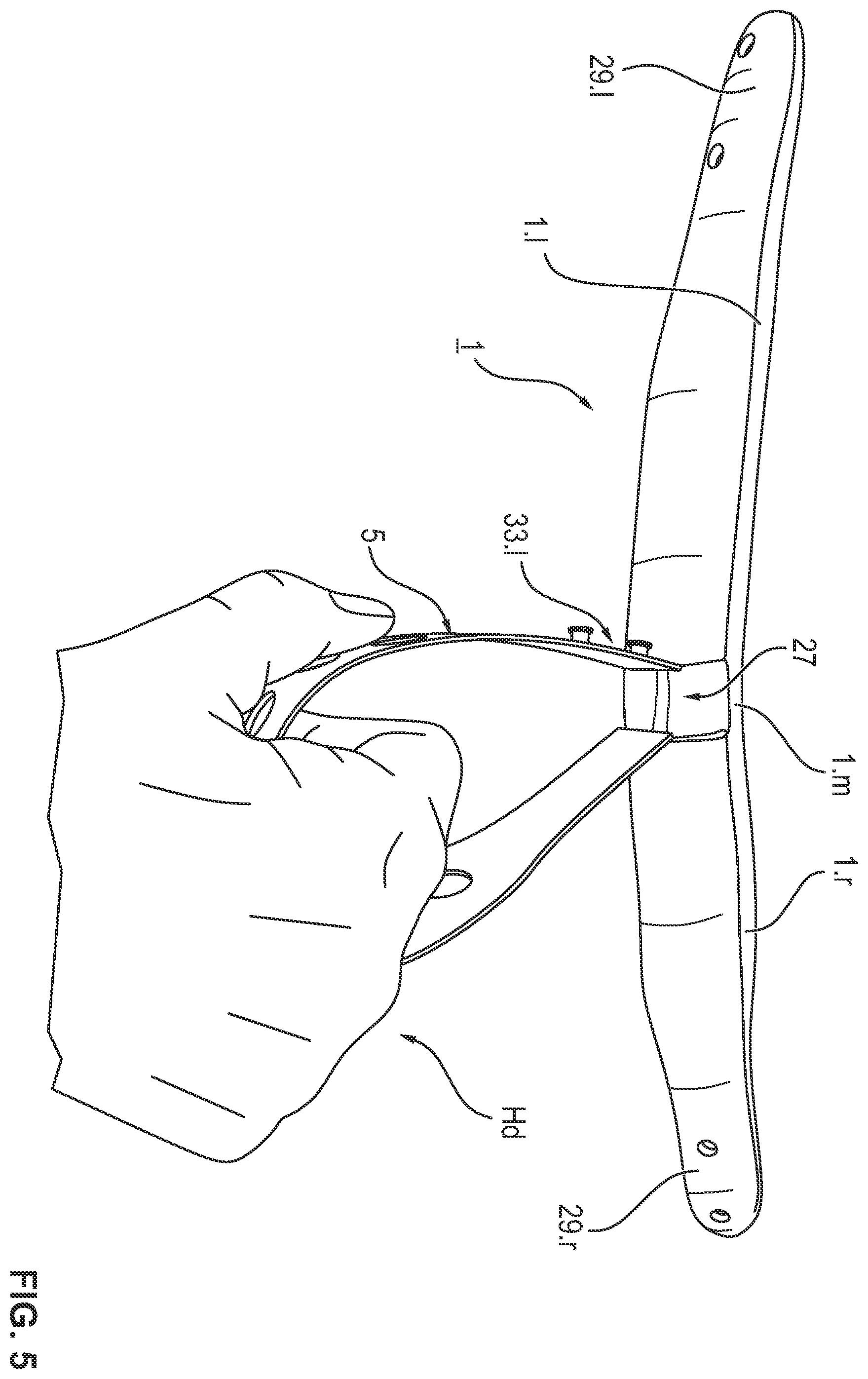 Patent US12342898 Figure 5 – Safety helmet with a sheathed bearing element, process for removing the sheathing from the safety helmet and process for manufacturing such a safety helmet