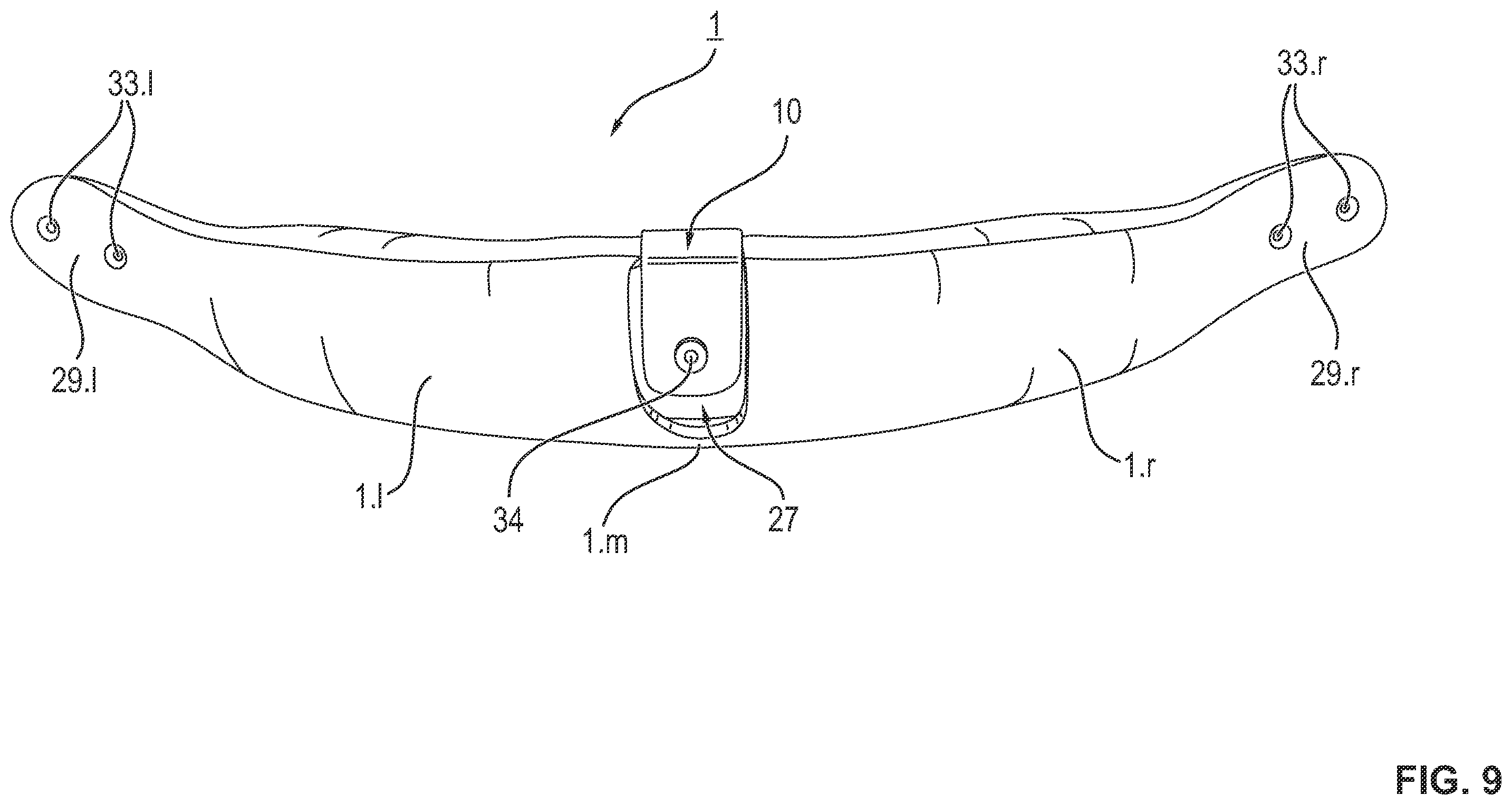 Patent US12342898 Figure 9 – Safety helmet with a sheathed bearing element, process for removing the sheathing from the safety helmet and process for manufacturing such a safety helmet