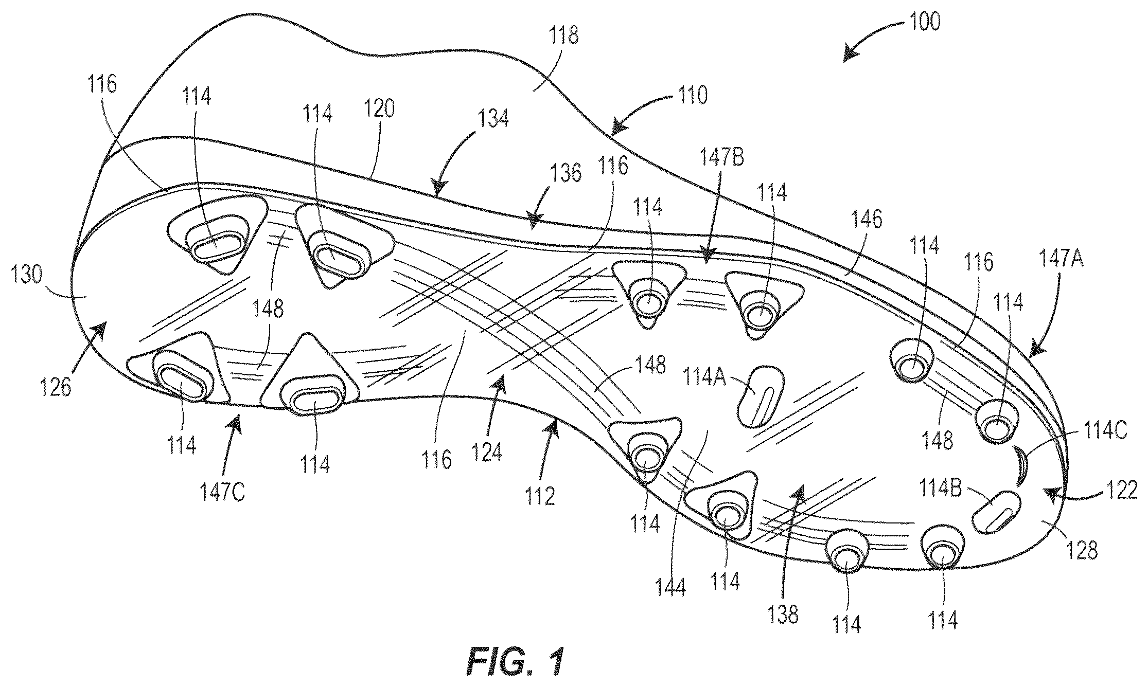 Patent US12342900 Figure 1 – Article of footwear with soil-shedding performance