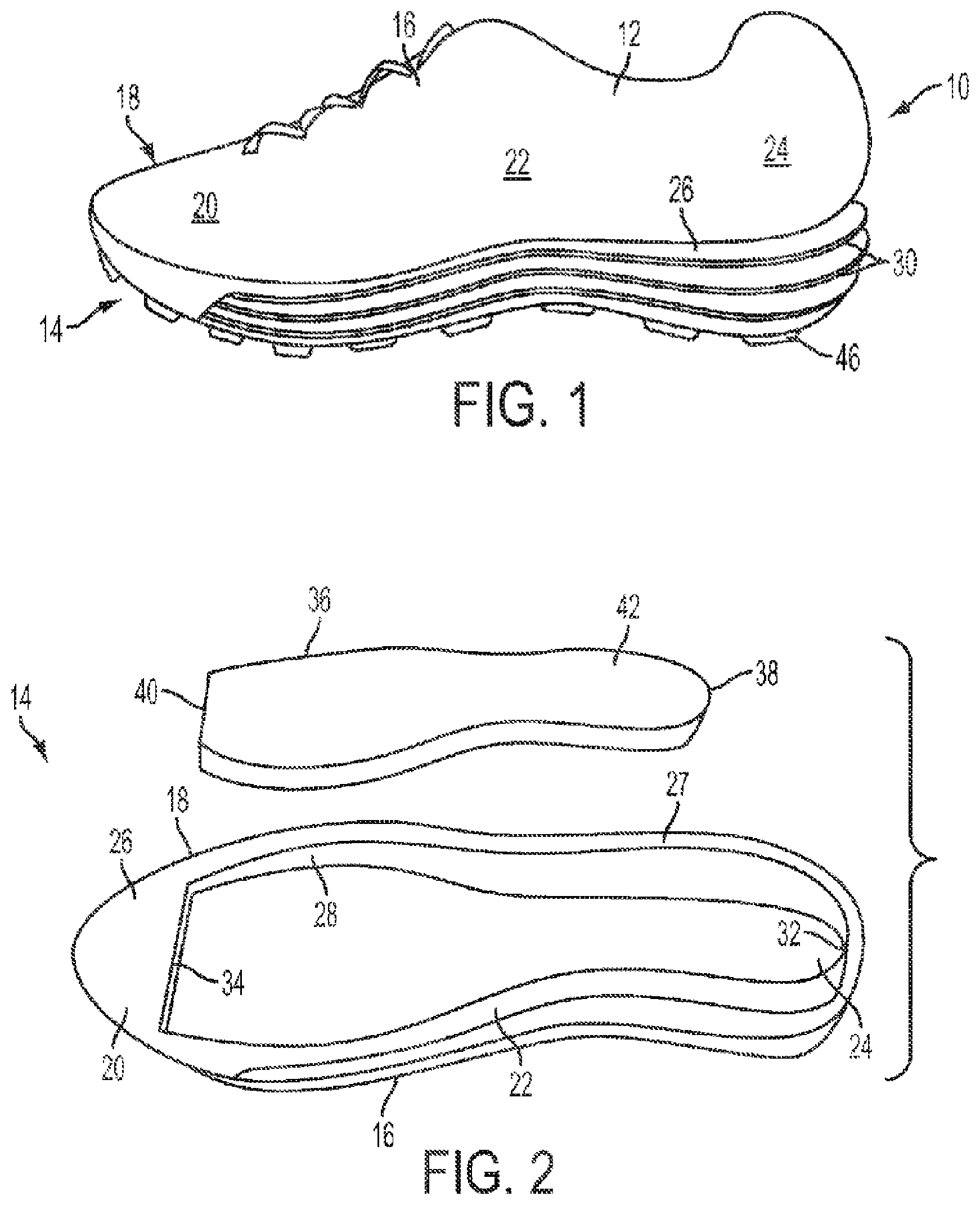 Patent US12342902 Figure 1 – Footwear sole structure having a composite element and methods for manufacturing same
