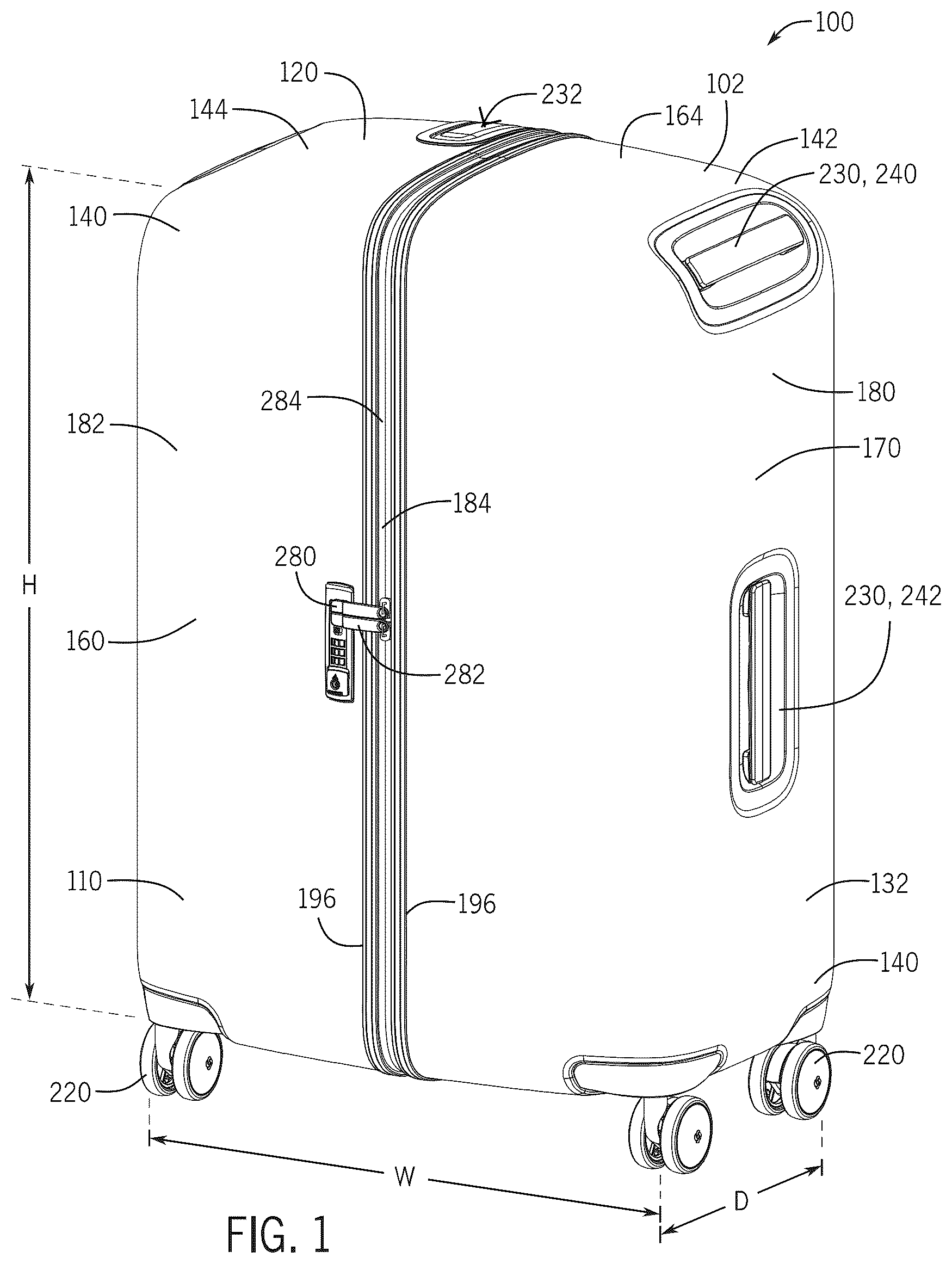 Patent US12342914 Figure 1 – Luggage article split along front and rear major faces