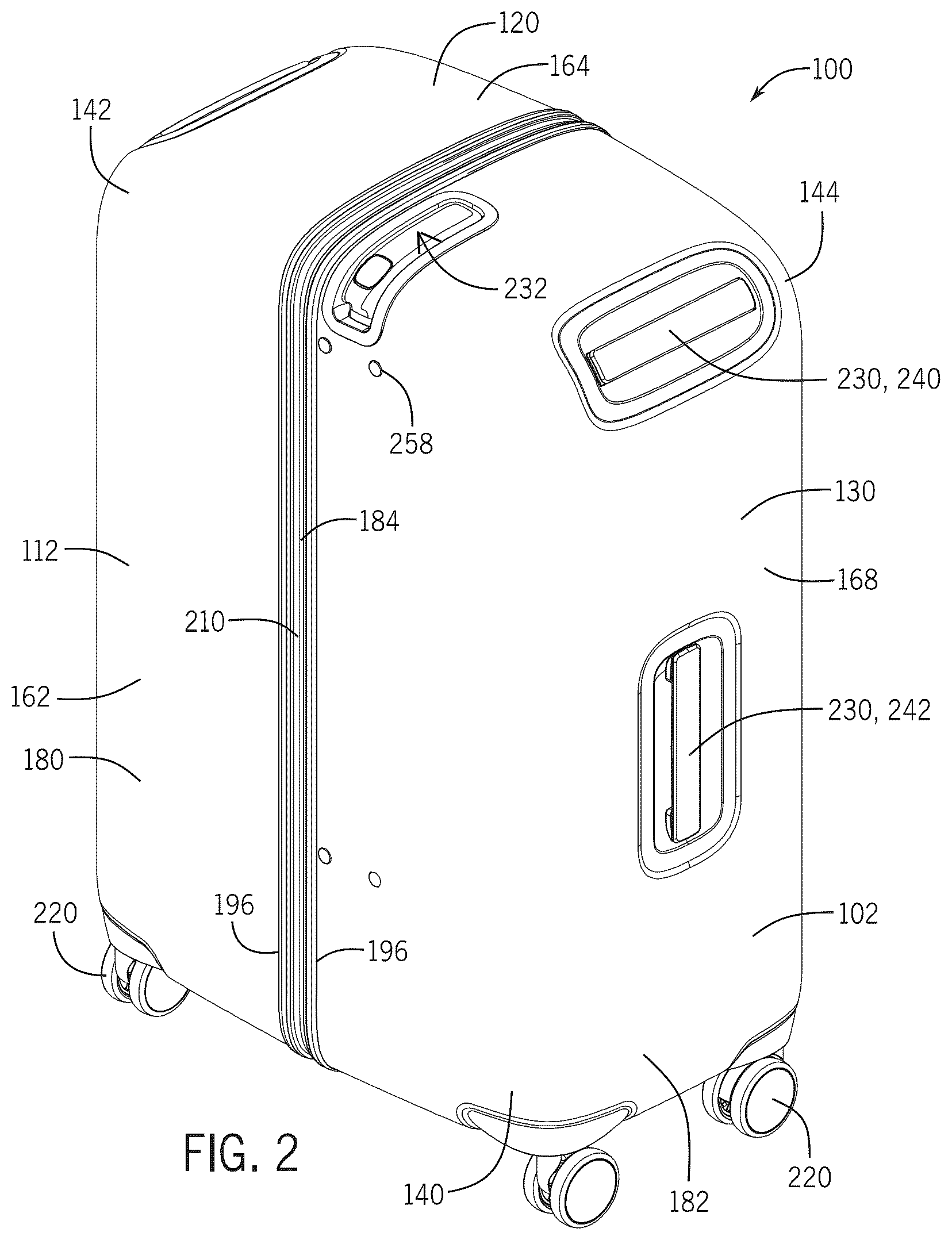 Patent US12342914 Figure 2 – Luggage article split along front and rear major faces