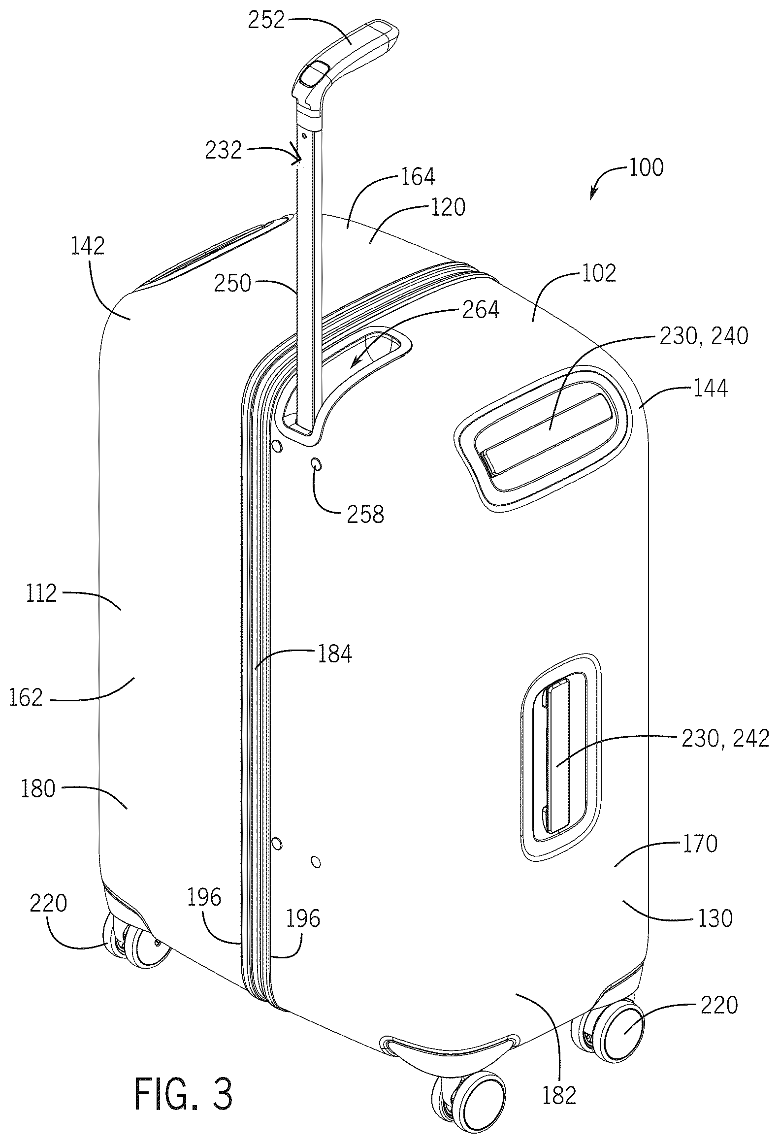 Patent US12342914 Figure 3 – Luggage article split along front and rear major faces