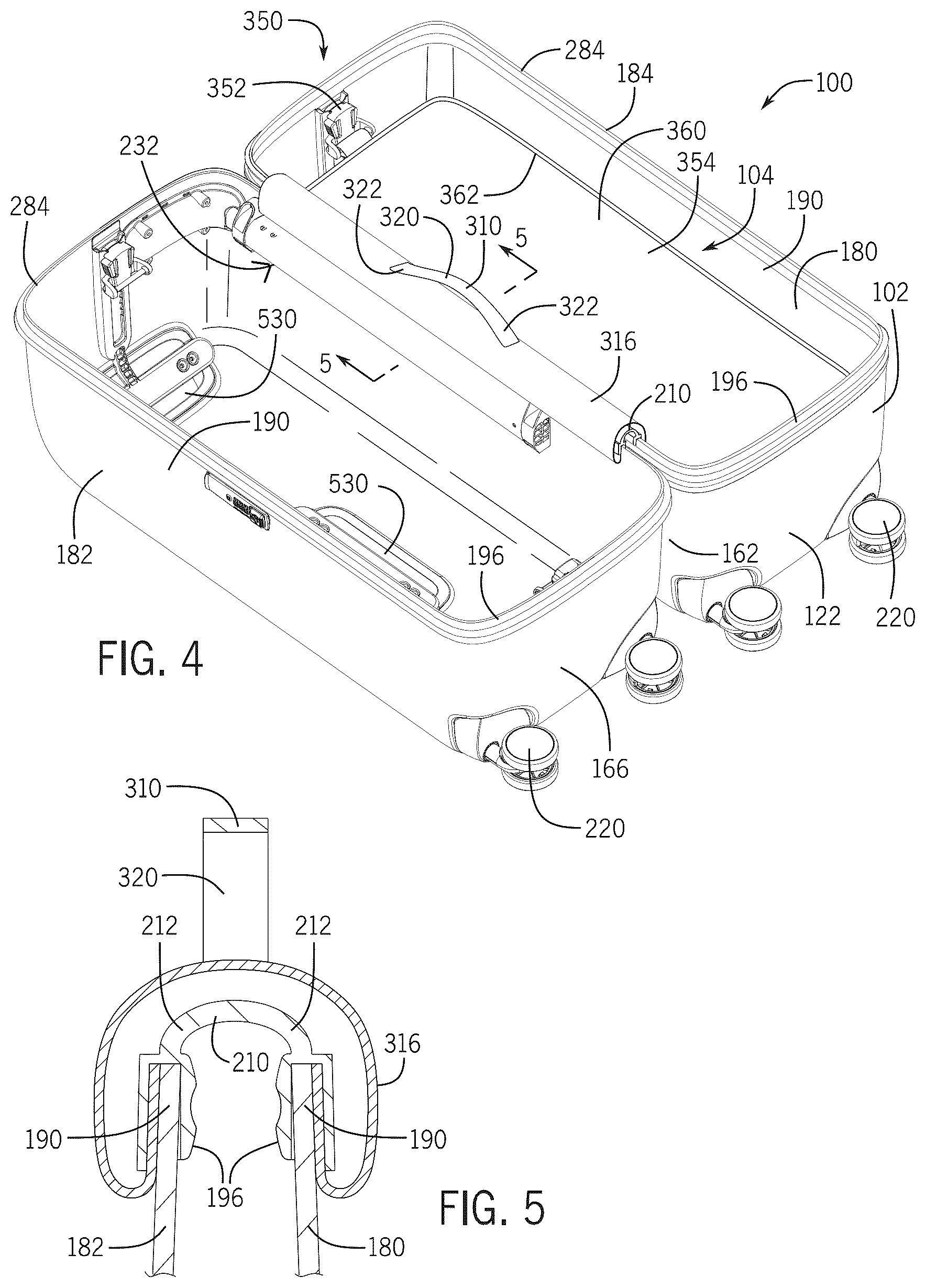 Patent US12342914 Figure 4 – Luggage article split along front and rear major faces