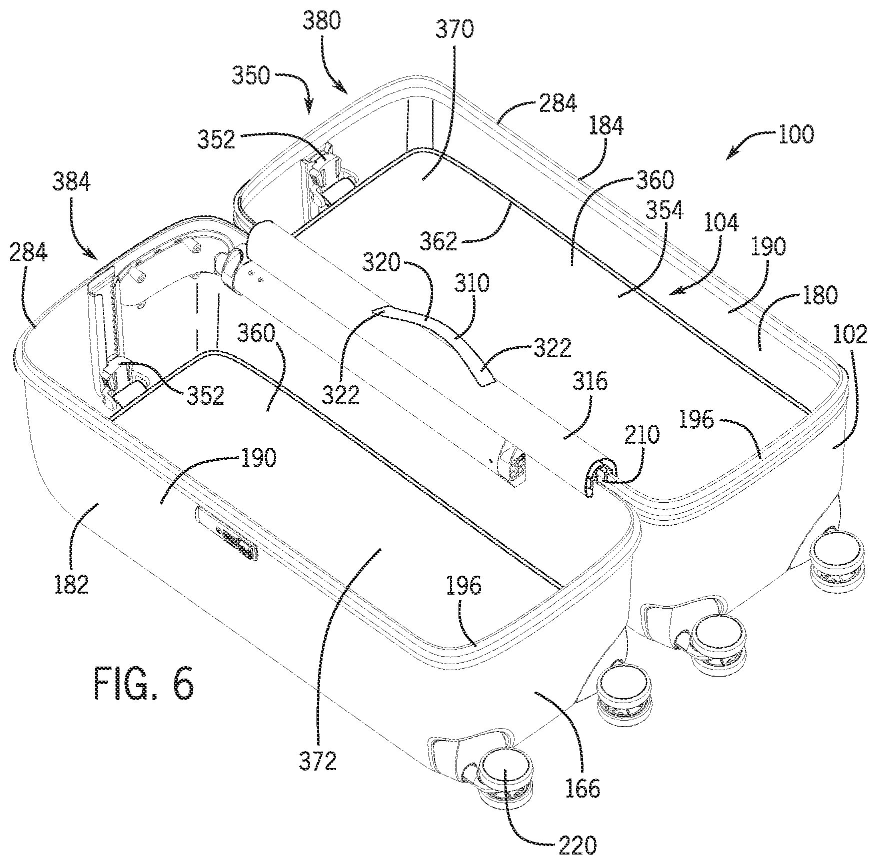 Patent US12342914 Figure 5 – Luggage article split along front and rear major faces