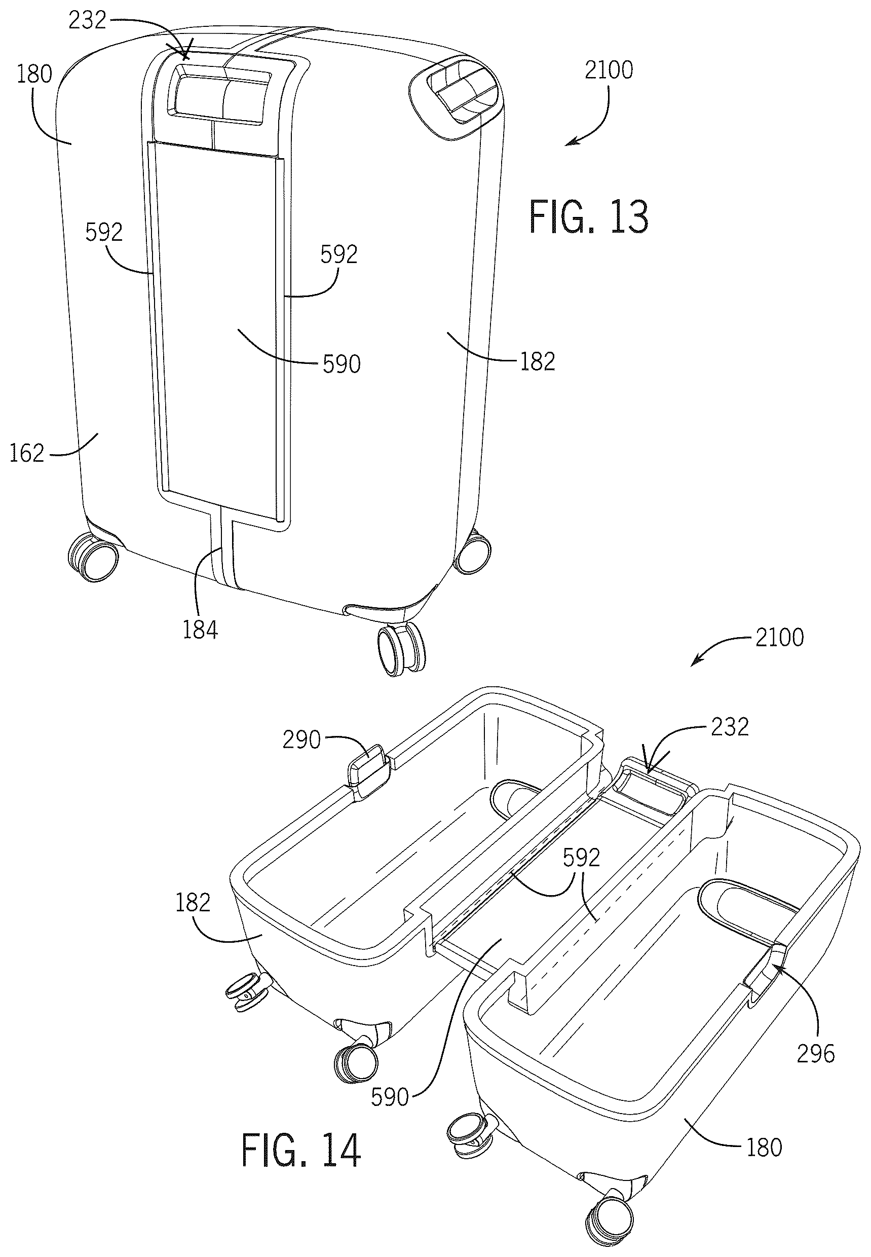 Patent US12342914 Figure 9 – Luggage article split along front and rear major faces