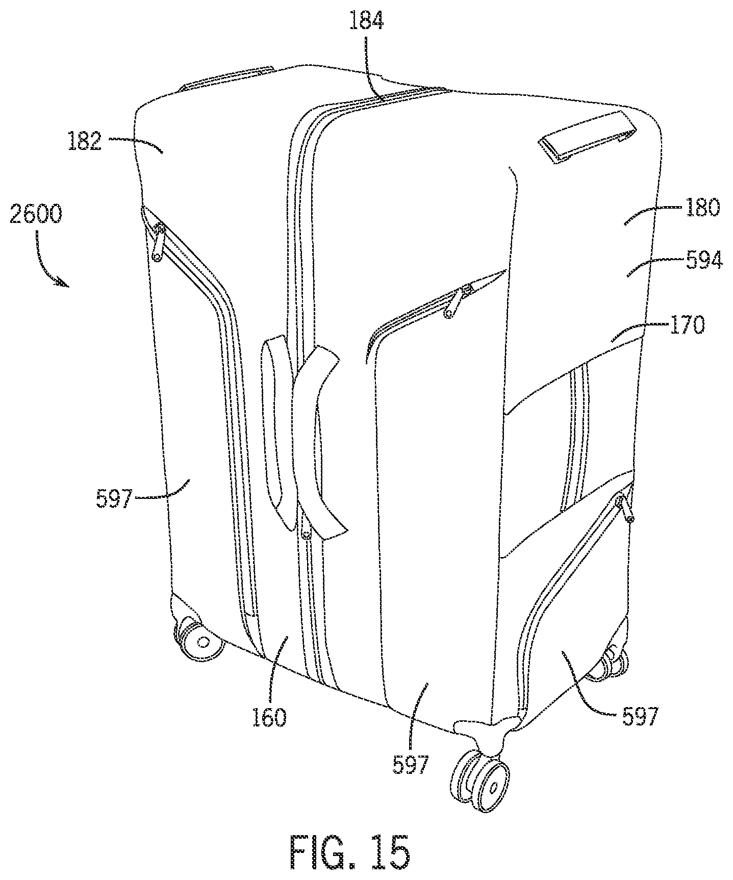 Patent US12342914 Figure 10 – Luggage article split along front and rear major faces