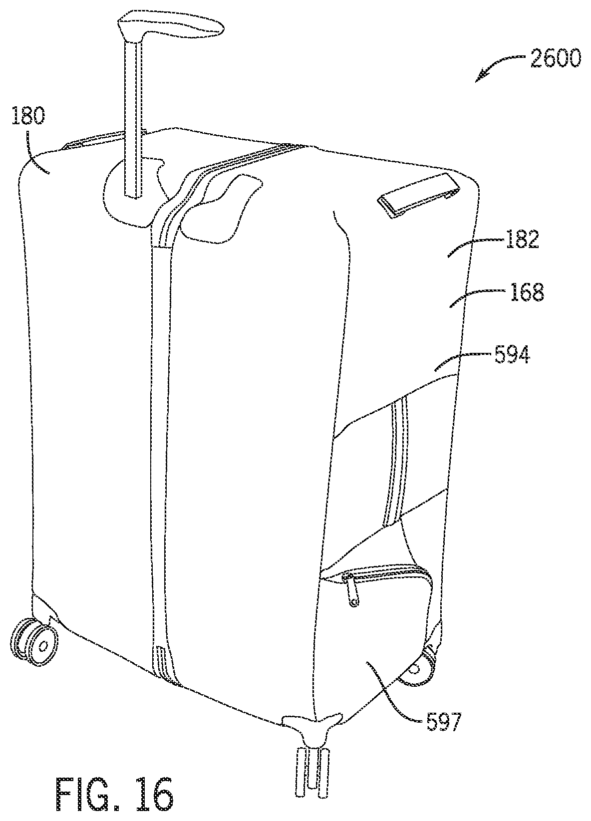 Patent US12342914 Figure 11 – Luggage article split along front and rear major faces