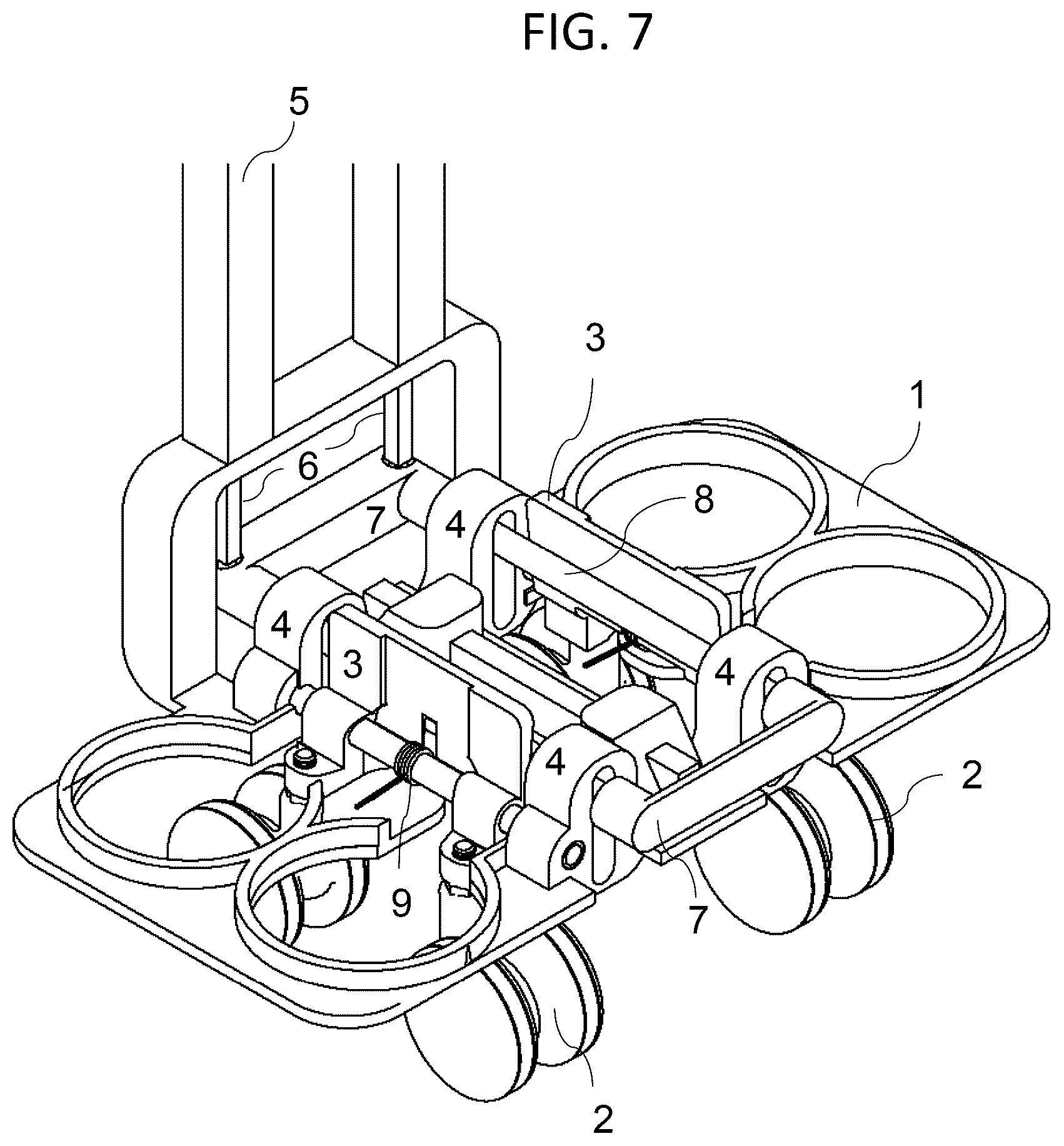 Patent US12342916 Figure 4 – Mechanical system for folding and unfolding suitcase wheels