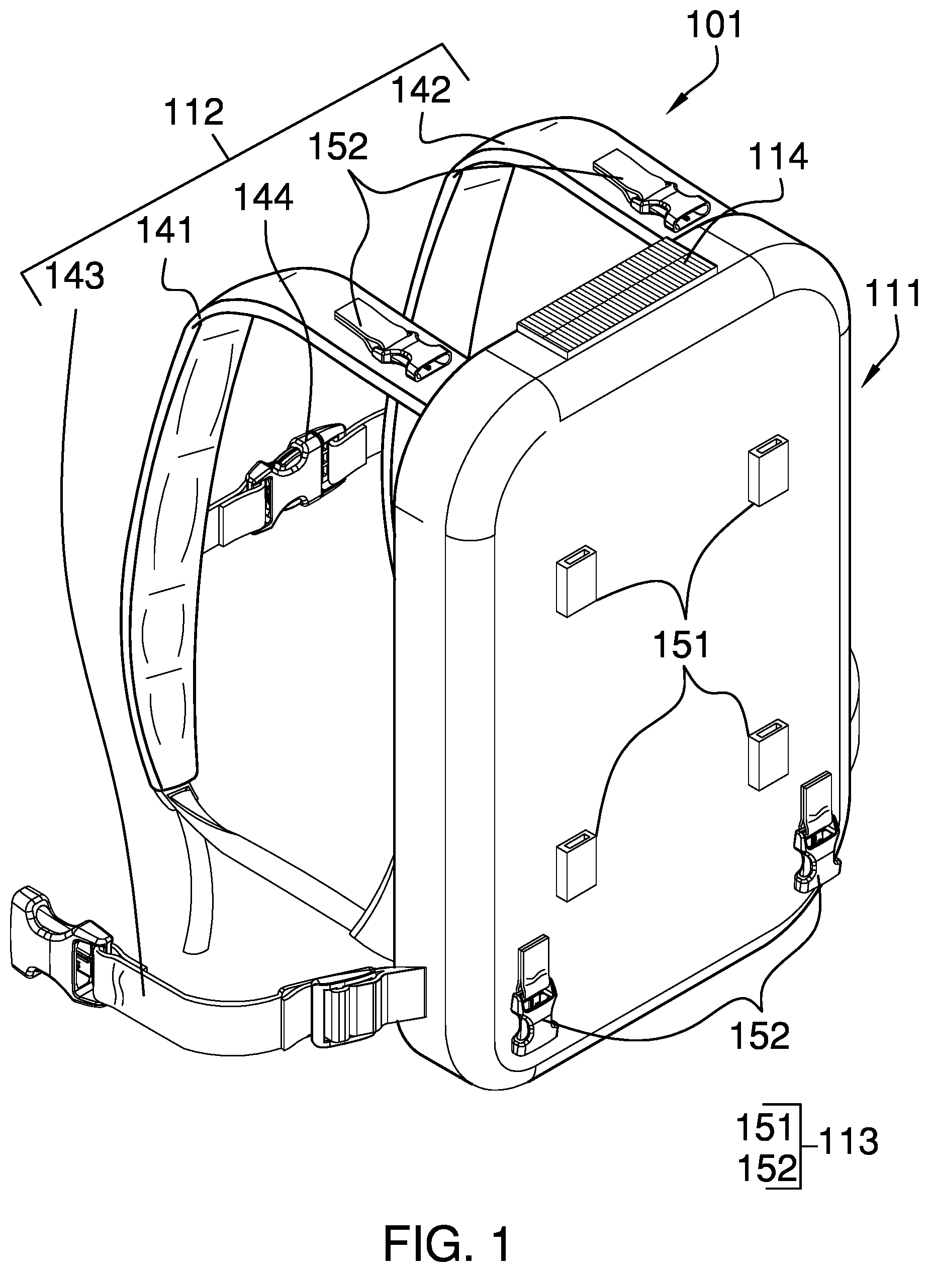 Patent US12342926 Figure 1 – Modular backpack and harness system