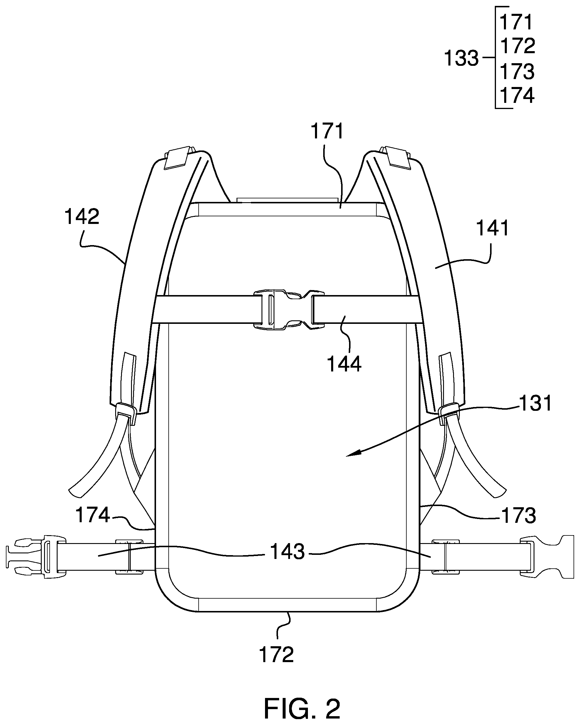 Patent US12342926 Figure 2 – Modular backpack and harness system