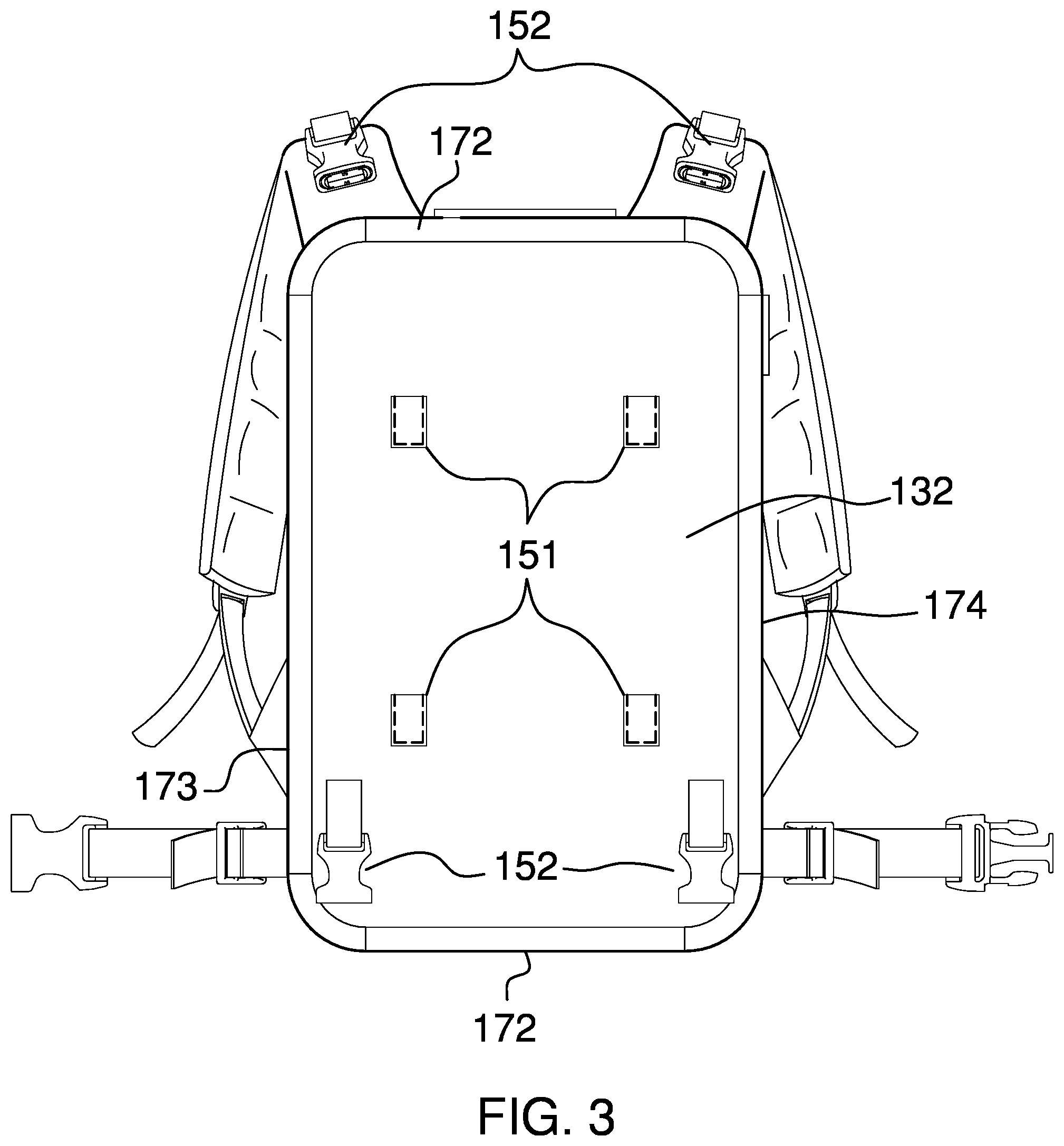 Patent US12342926 Figure 3 – Modular backpack and harness system
