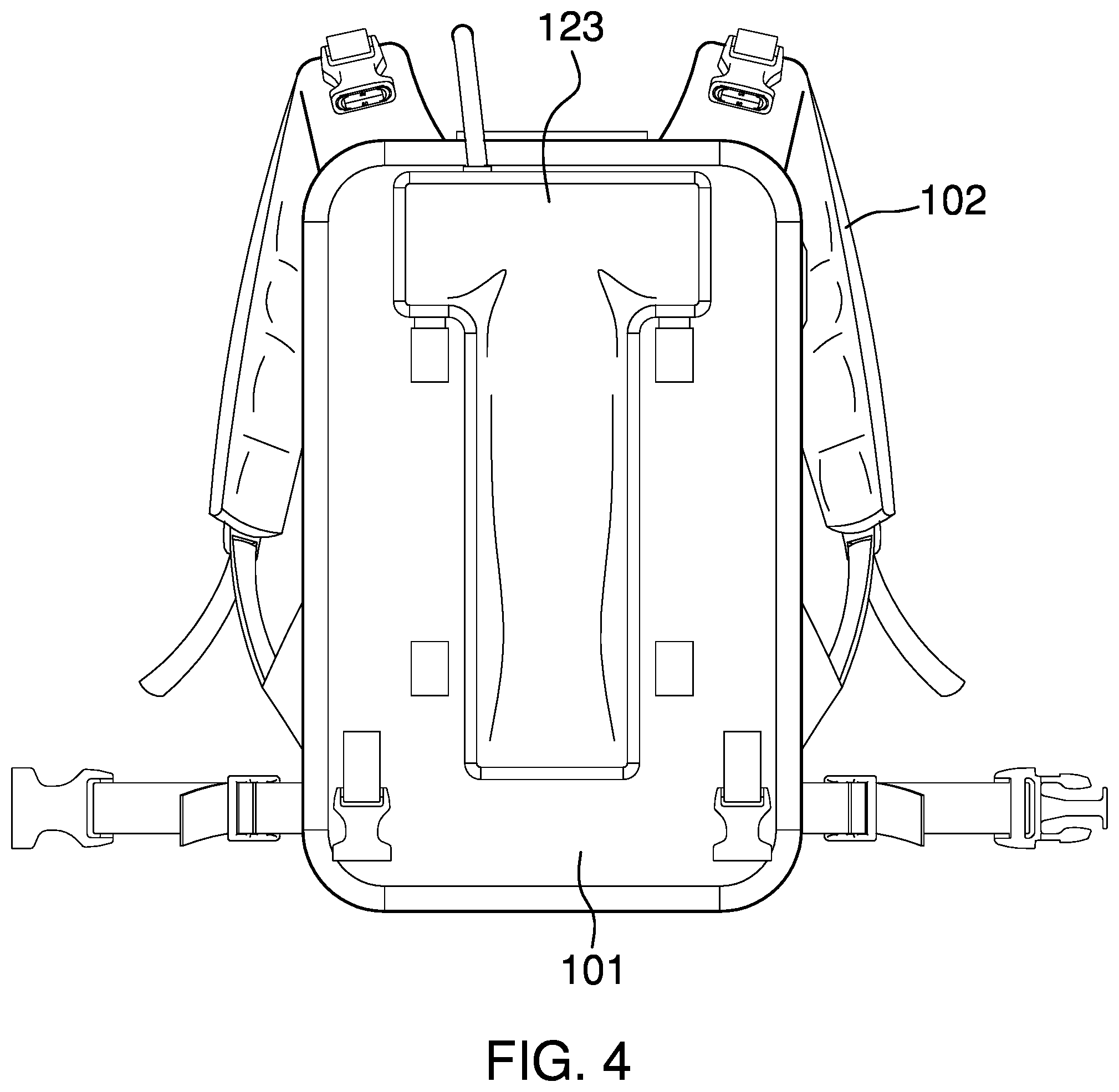 Patent US12342926 Figure 4 – Modular backpack and harness system