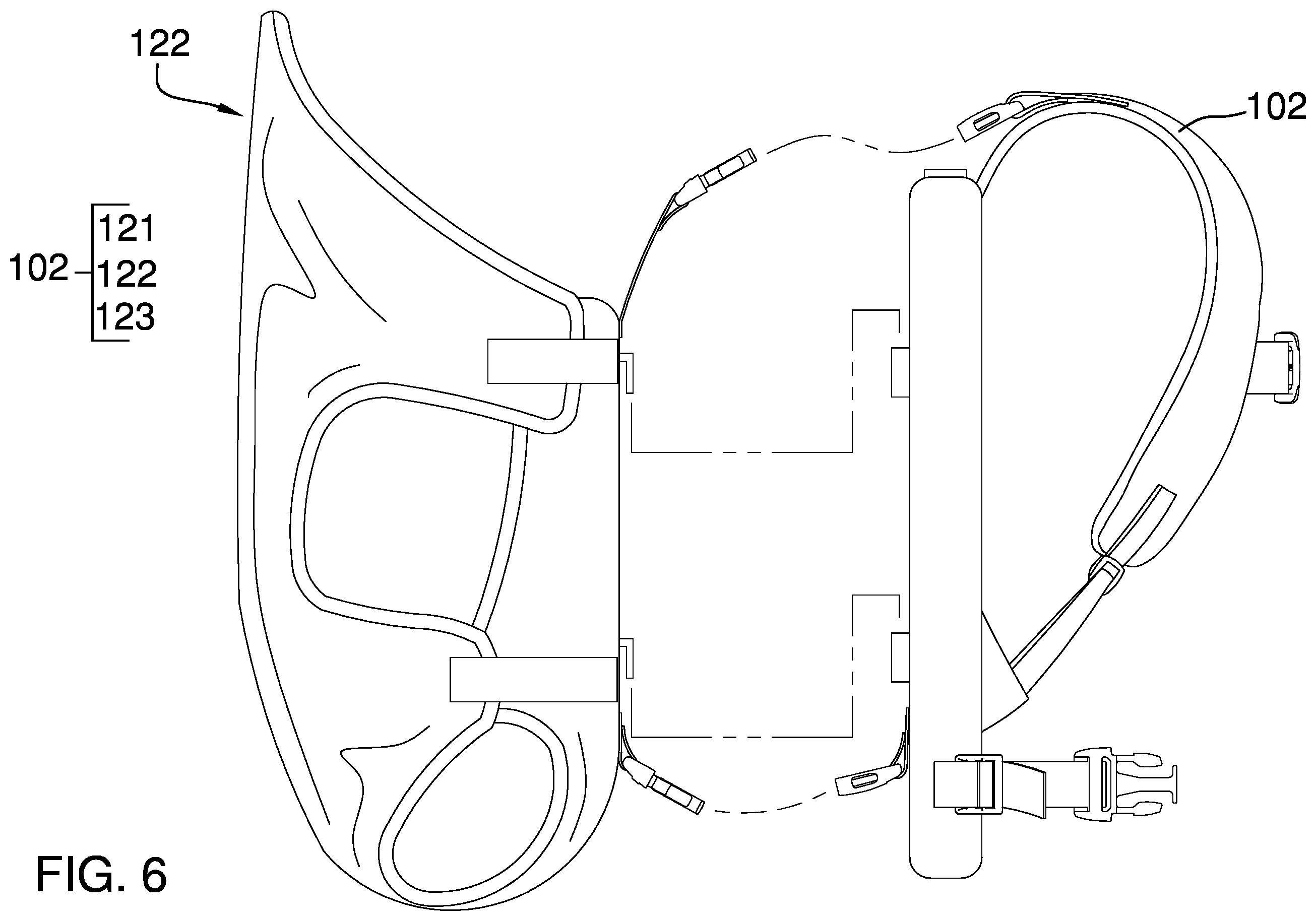 Patent US12342926 Figure 6 – Modular backpack and harness system