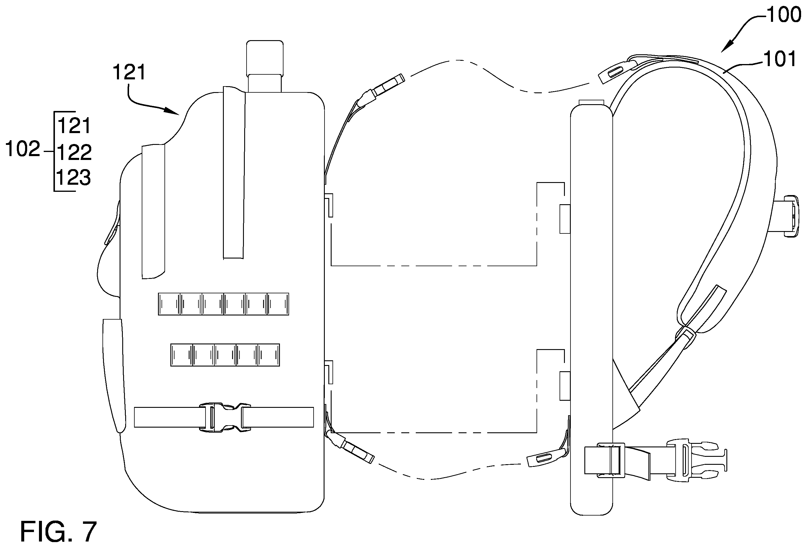 Patent US12342926 Figure 7 – Modular backpack and harness system