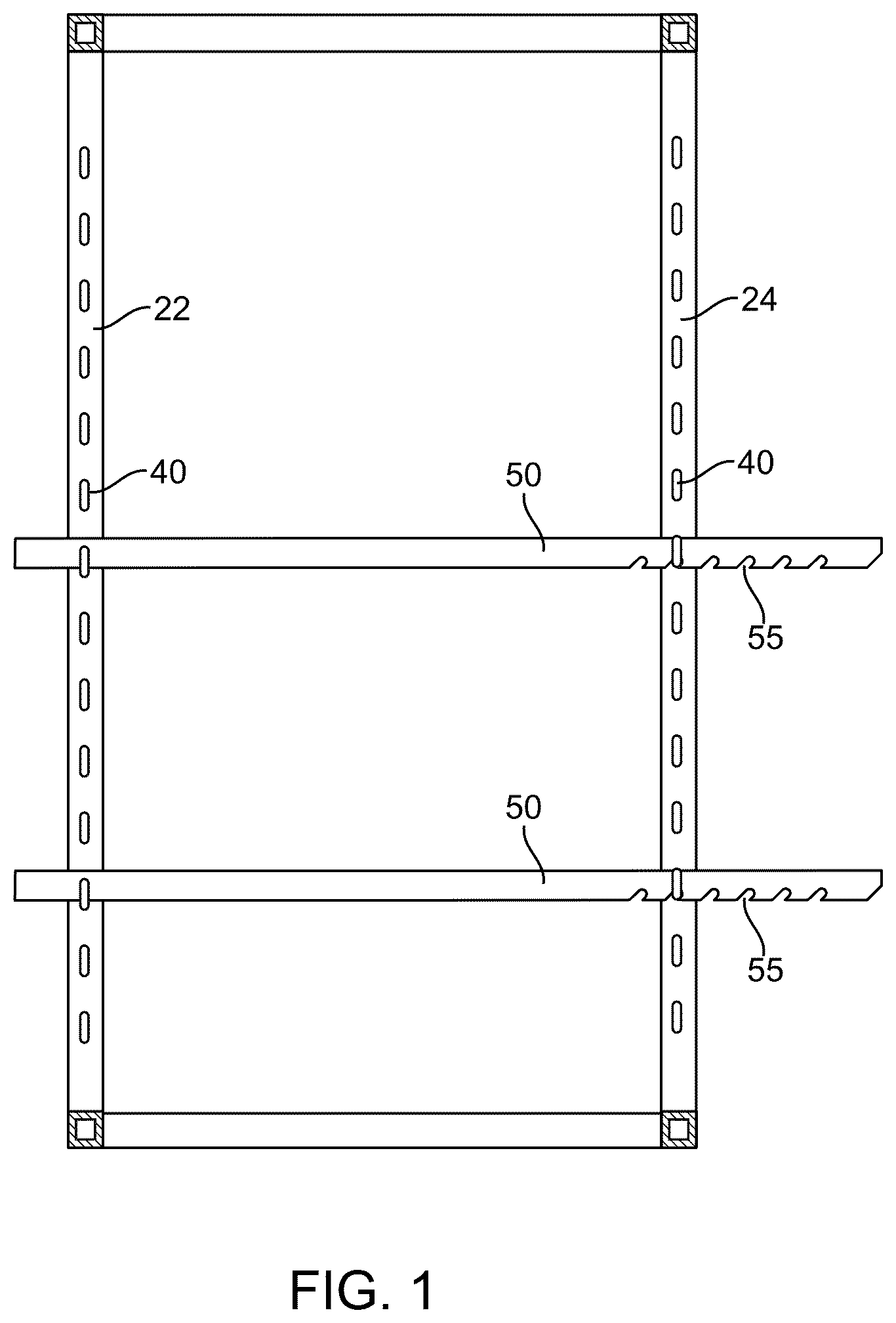 Patent US12342933 — Tilting and sliding system for a shelf having side support rails receivable between shelf supports in vertical posts — Figure 1