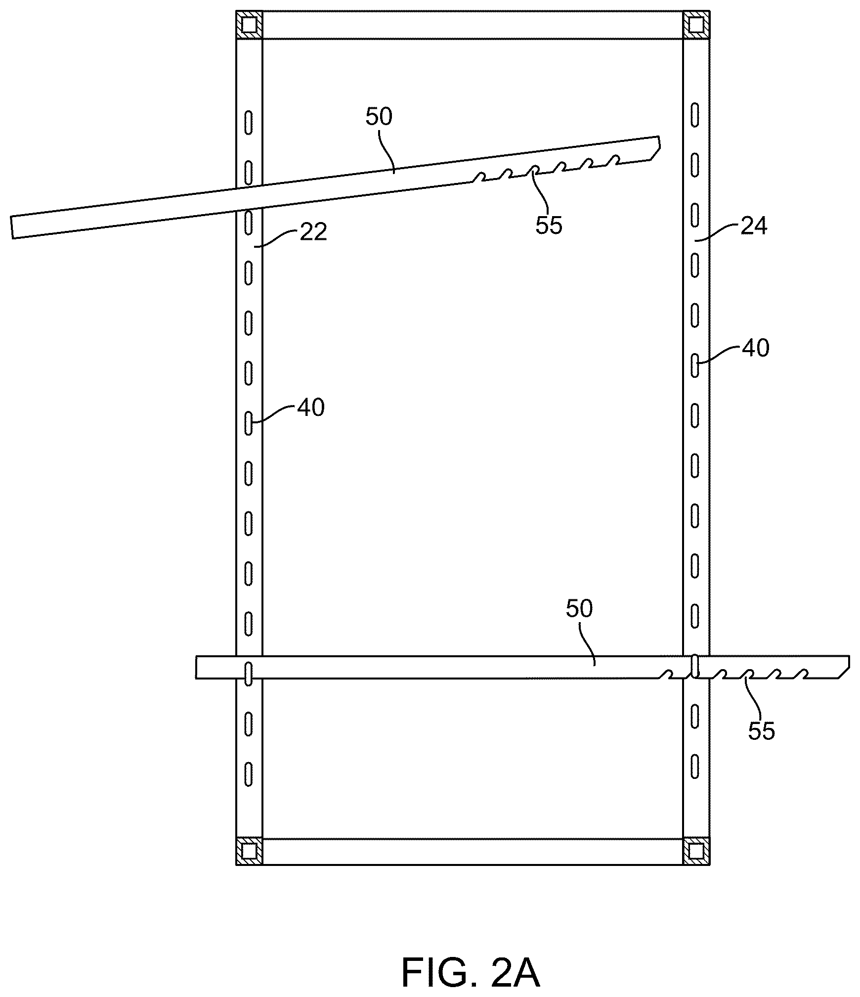 Patent US12342933 Figure 2 – Tilting and sliding system for a shelf having side support rails receivable between shelf supports in vertical posts
