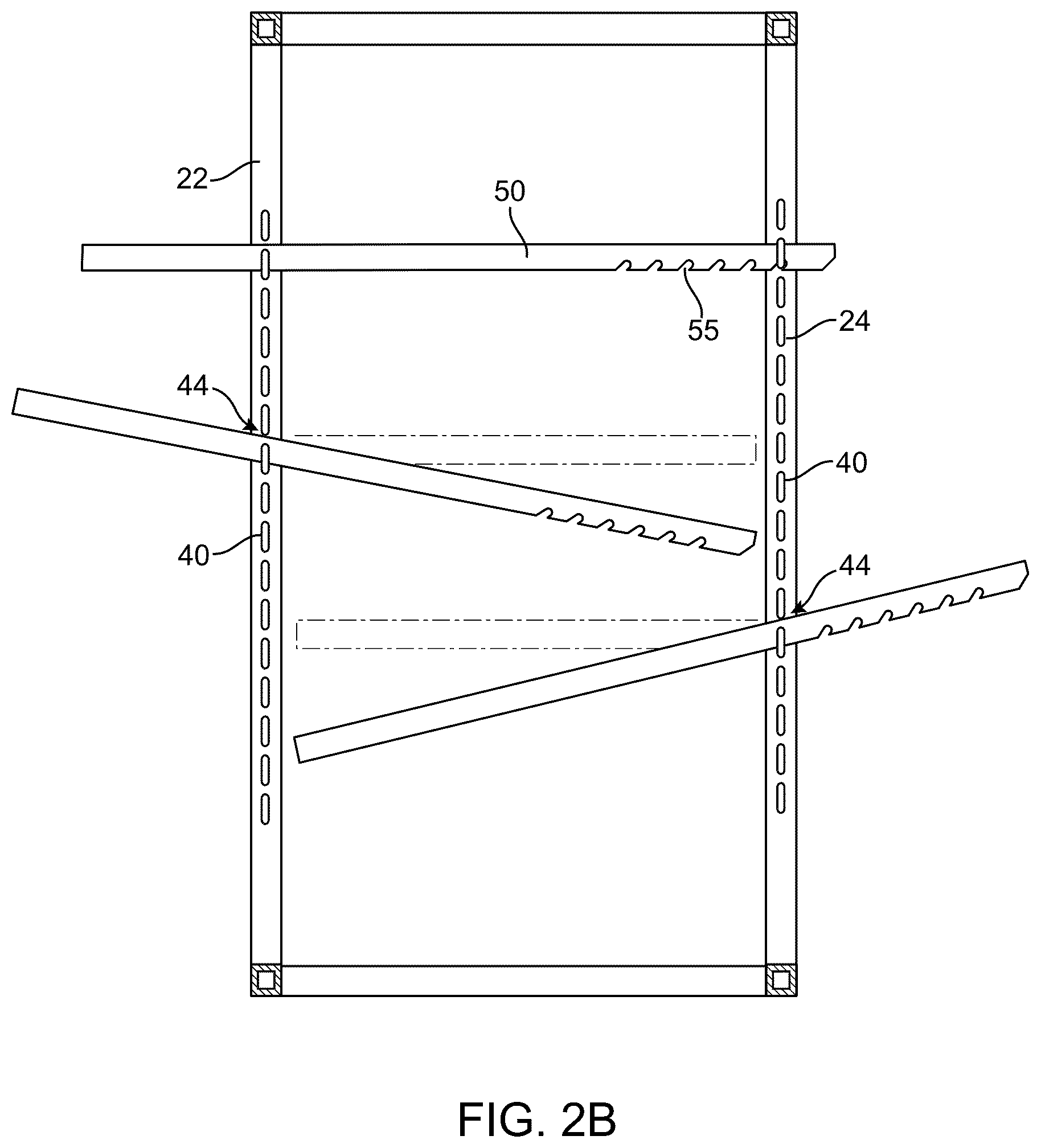 Patent US12342933 Figure 3 – Tilting and sliding system for a shelf having side support rails receivable between shelf supports in vertical posts