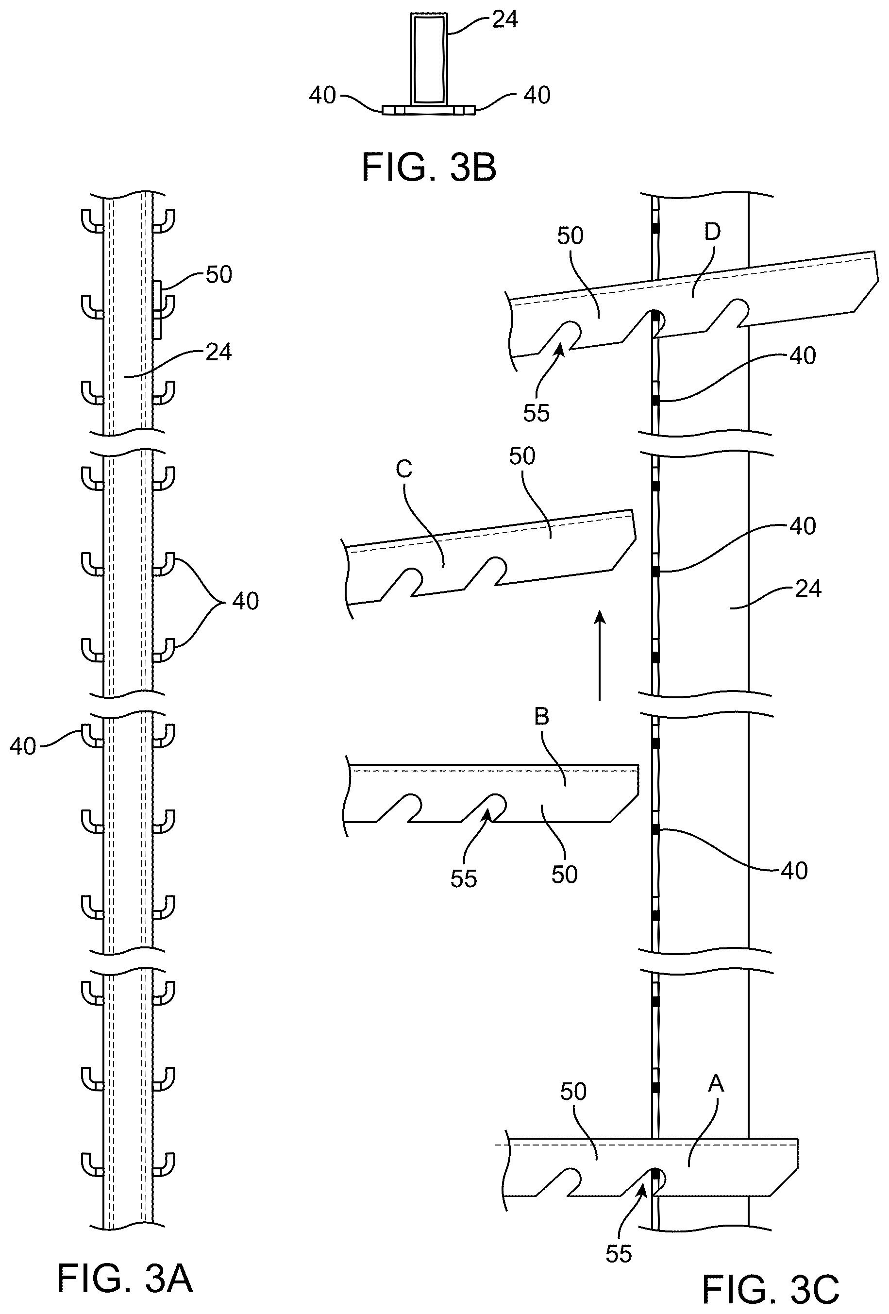 Patent US12342933 Figure 4 – Tilting and sliding system for a shelf having side support rails receivable between shelf supports in vertical posts
