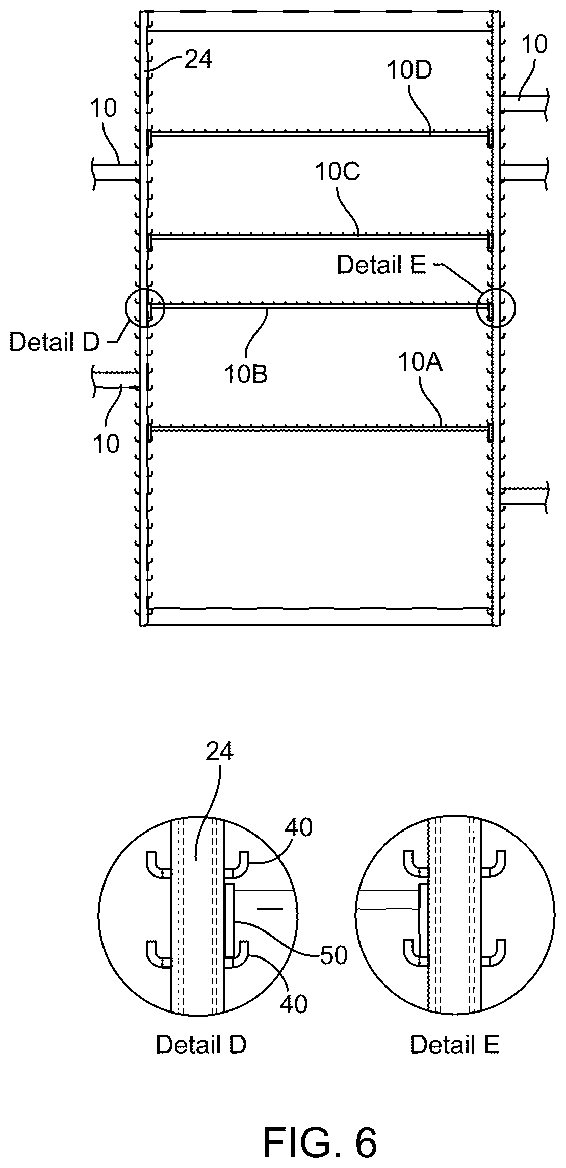 Patent US12342933 Figure 6 – Tilting and sliding system for a shelf having side support rails receivable between shelf supports in vertical posts