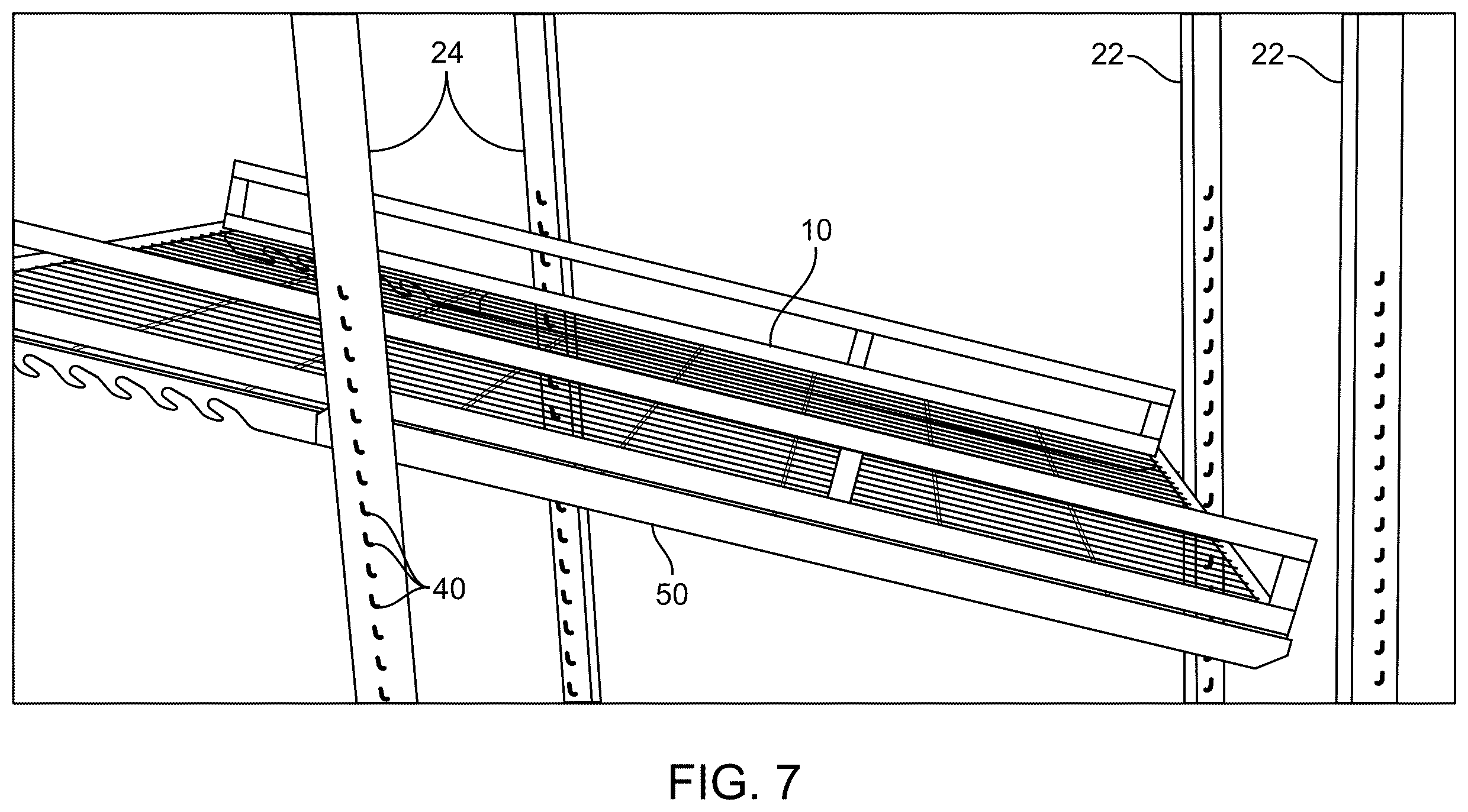Patent US12342933 Figure 7 – Tilting and sliding system for a shelf having side support rails receivable between shelf supports in vertical posts