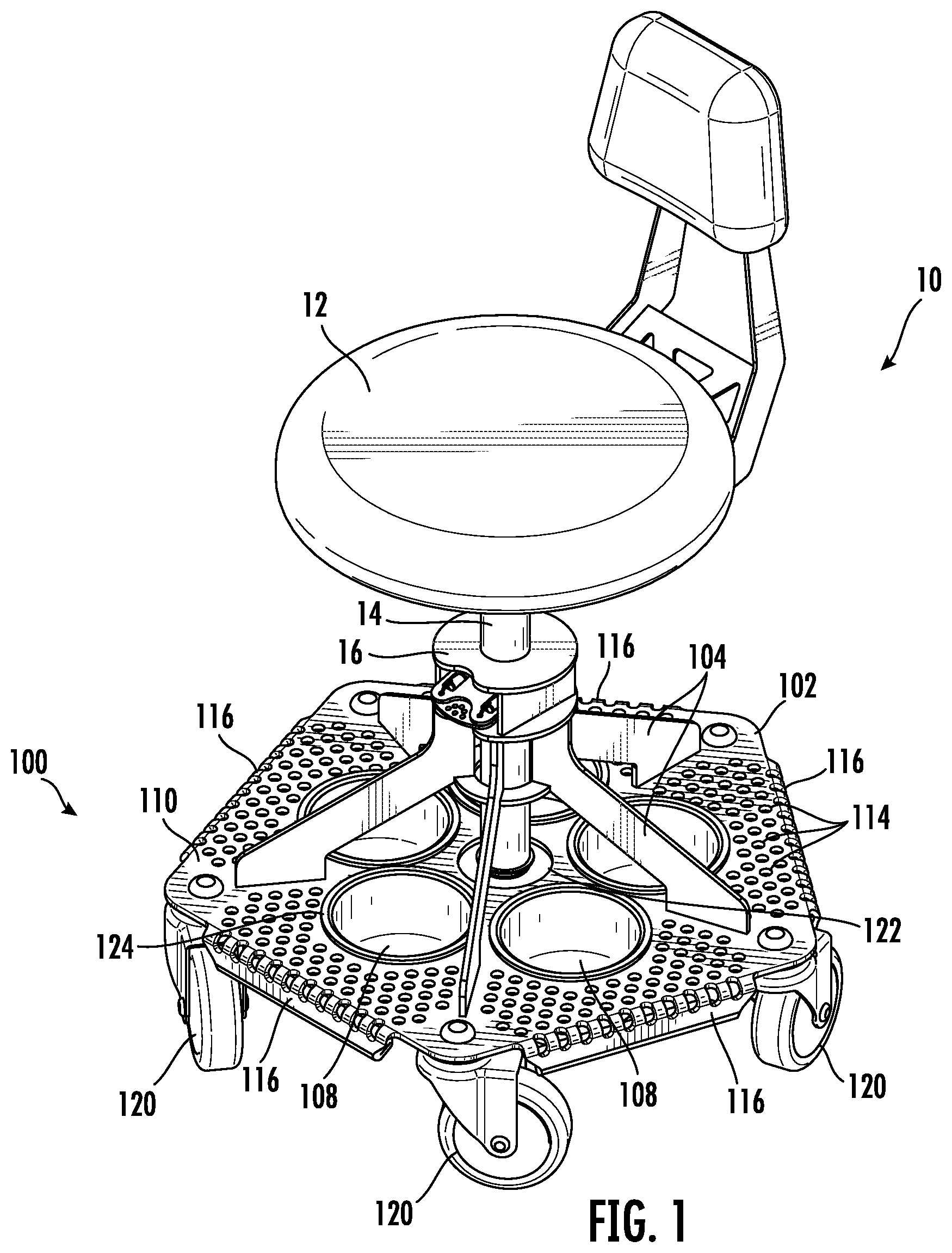 Patent US12342945 Figure 1 – Chair base with storage bowls