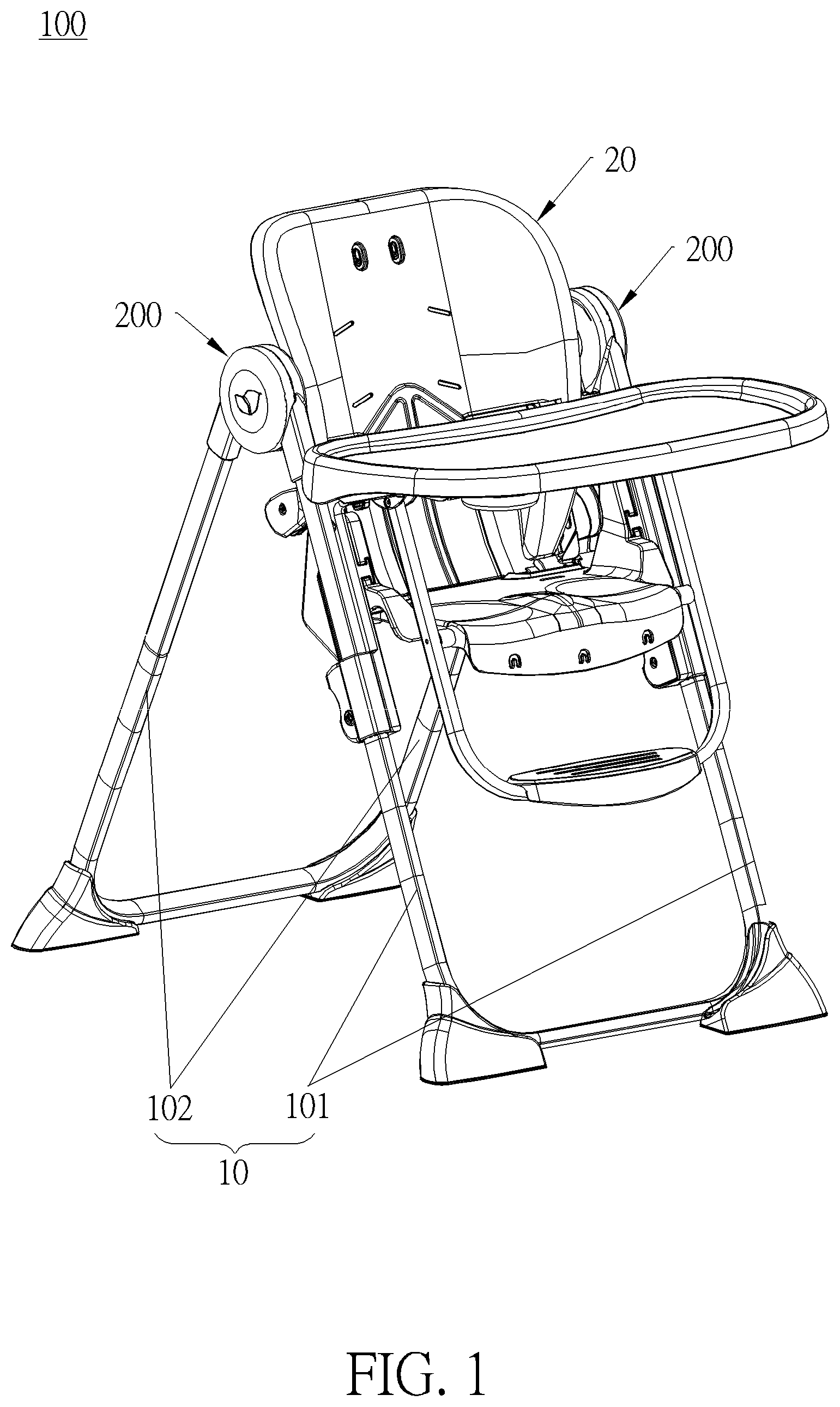 Patent US12342946 Figure 1 – Foldable mechanism and infant carrier thereof