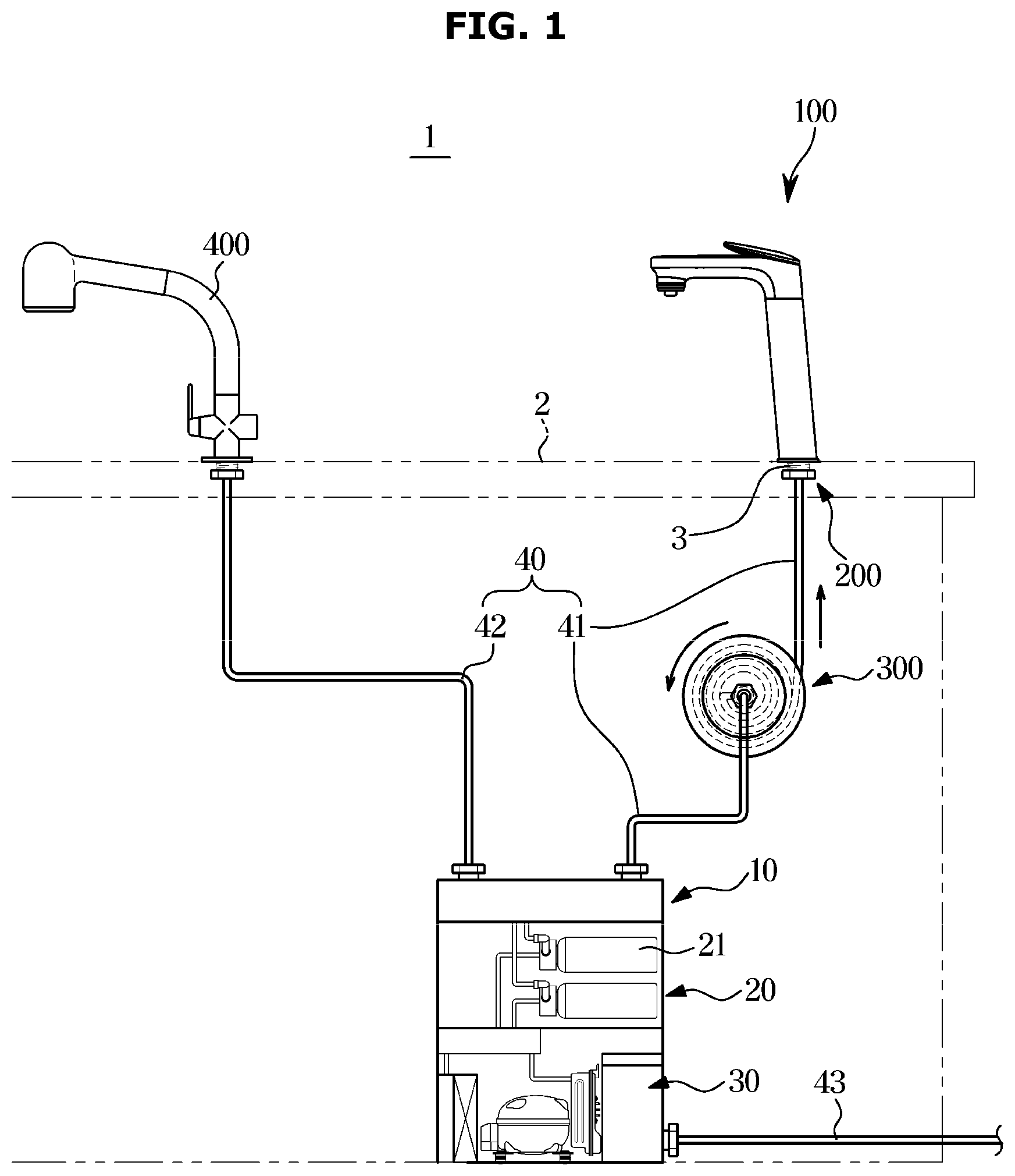 Patent US12345030 Figure 1 – Water discharge unit and water purifier including same